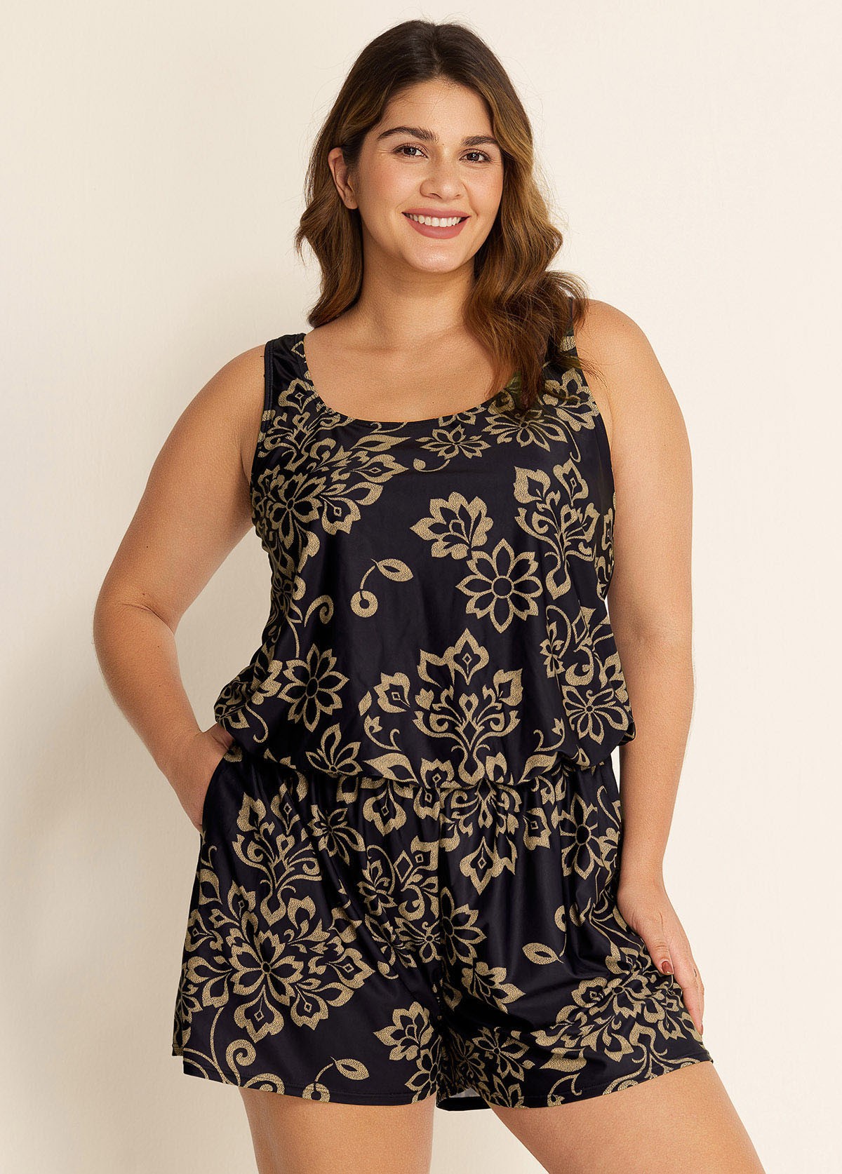 Black Print Wide Strap Pocket Plus Size One Piece Swimsuit Swim Romper