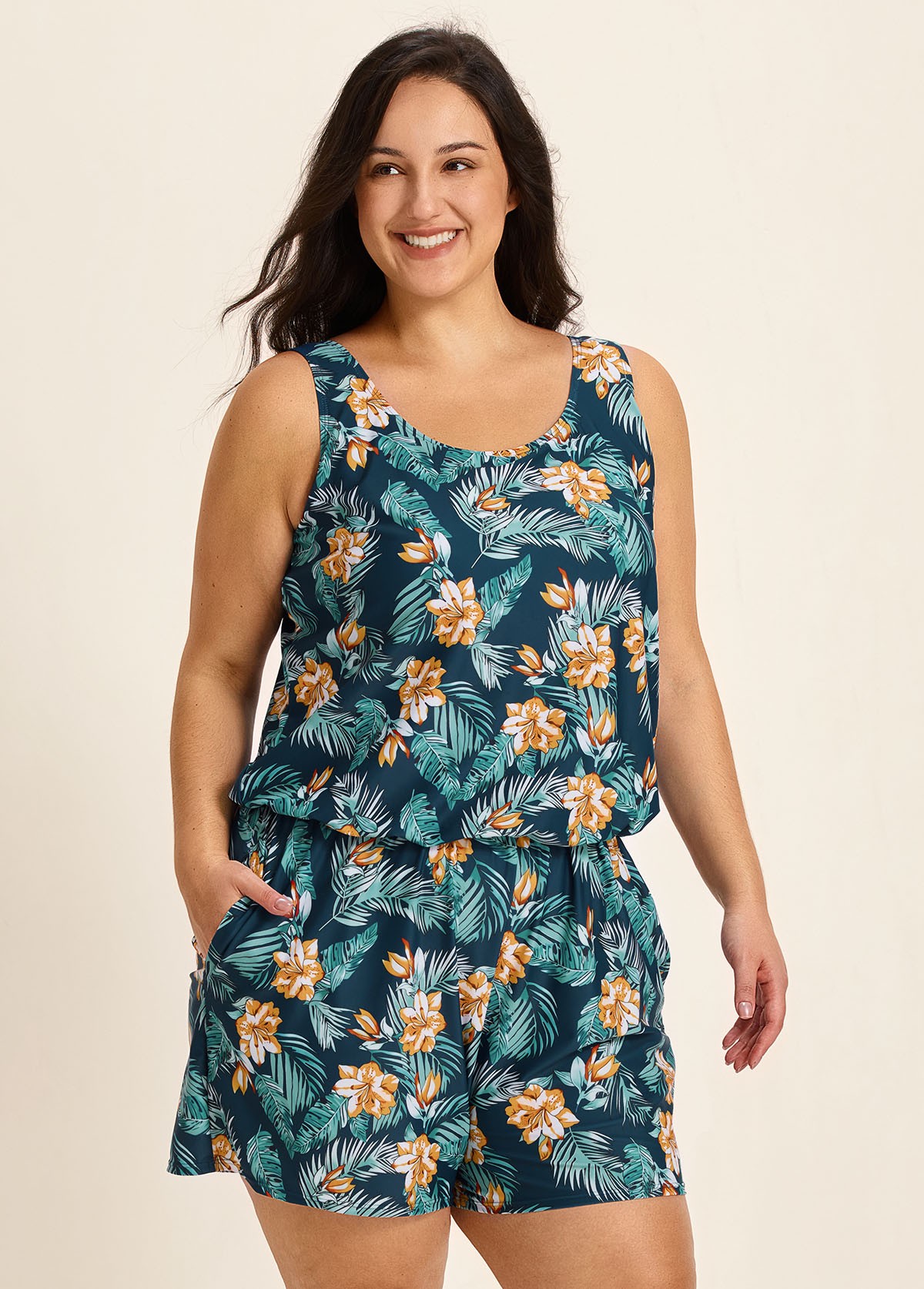 Green Swimming Costume Tropical Floral Scoop Neck Wide Strap Pocket Plus Size Swim Romper