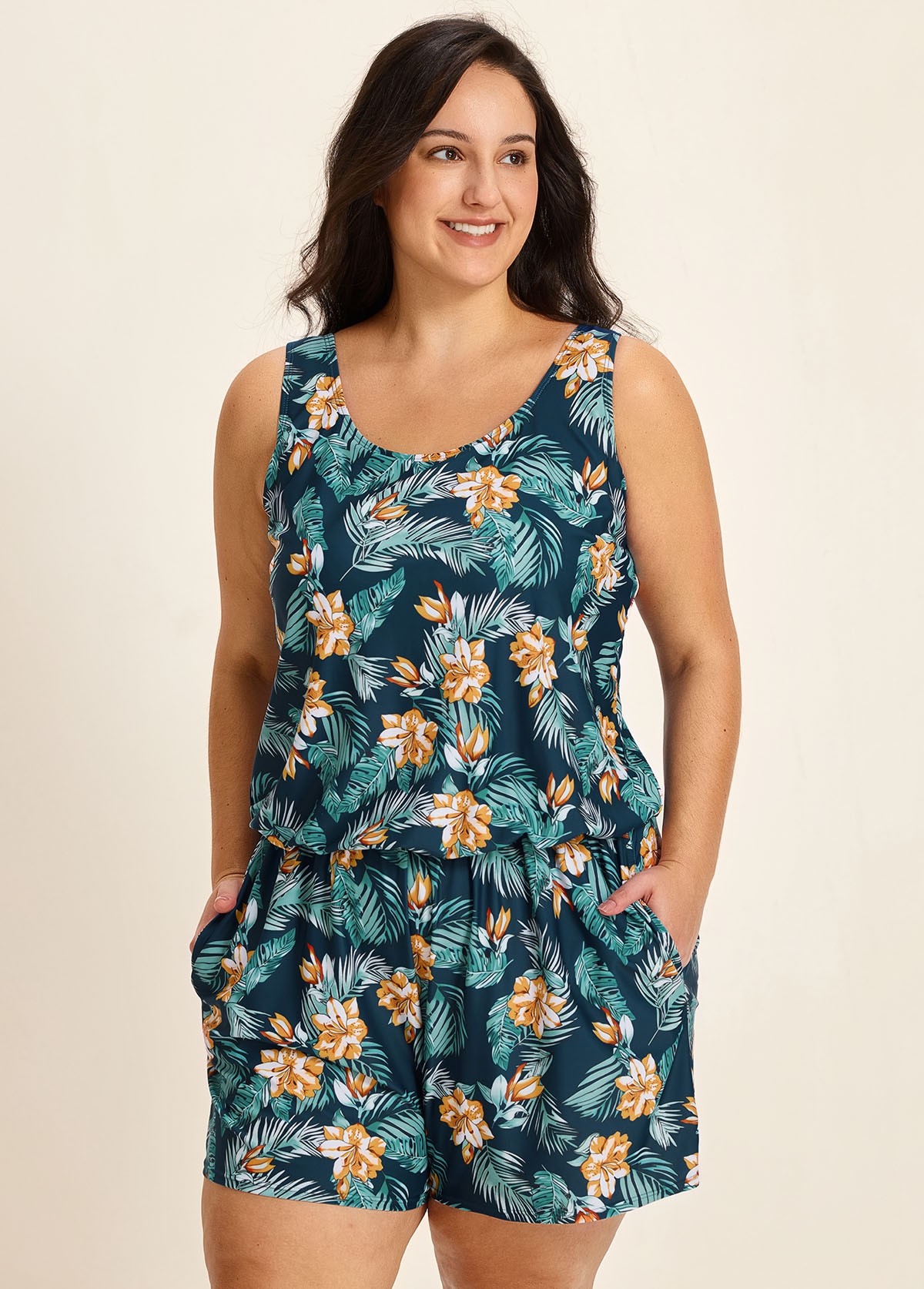 Green Swimming Costume Tropical Floral Scoop Neck Wide Strap Pocket Plus Size Swim Romper