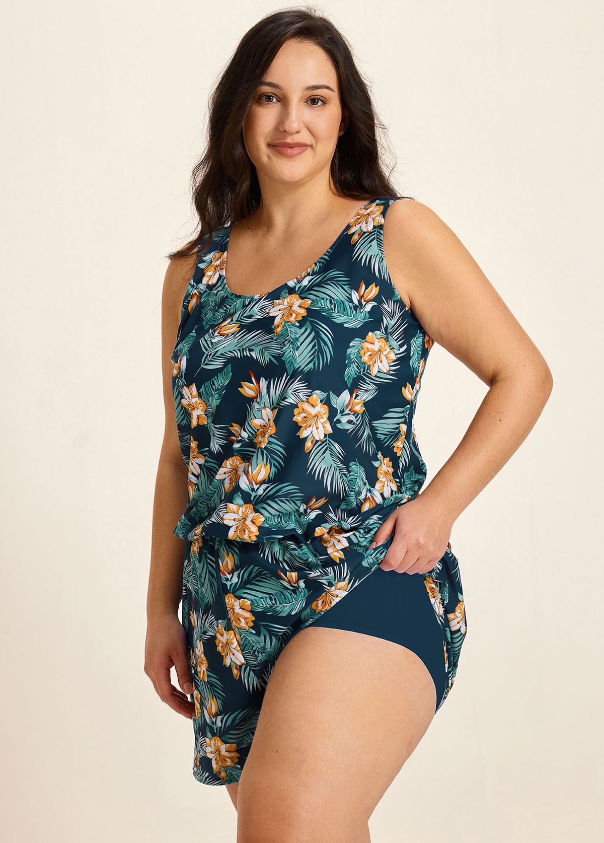 Green Swimming Costume Tropical Floral Scoop Neck Wide Strap Pocket Plus Size Swim Romper