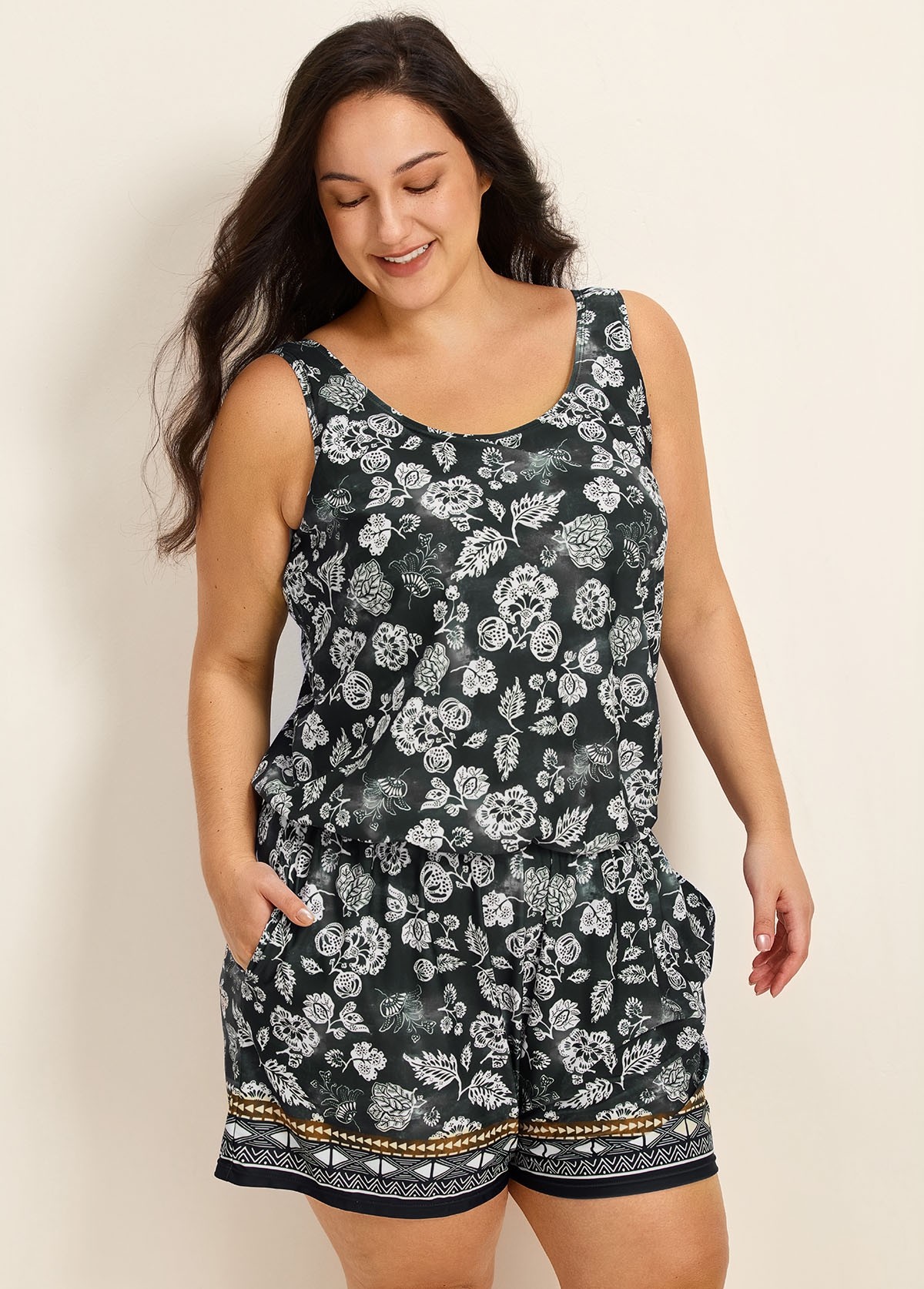 Black Vintage Floral Vintage Wide Straps Pocket Plus Size Swimsuit One Piece Swim Romper