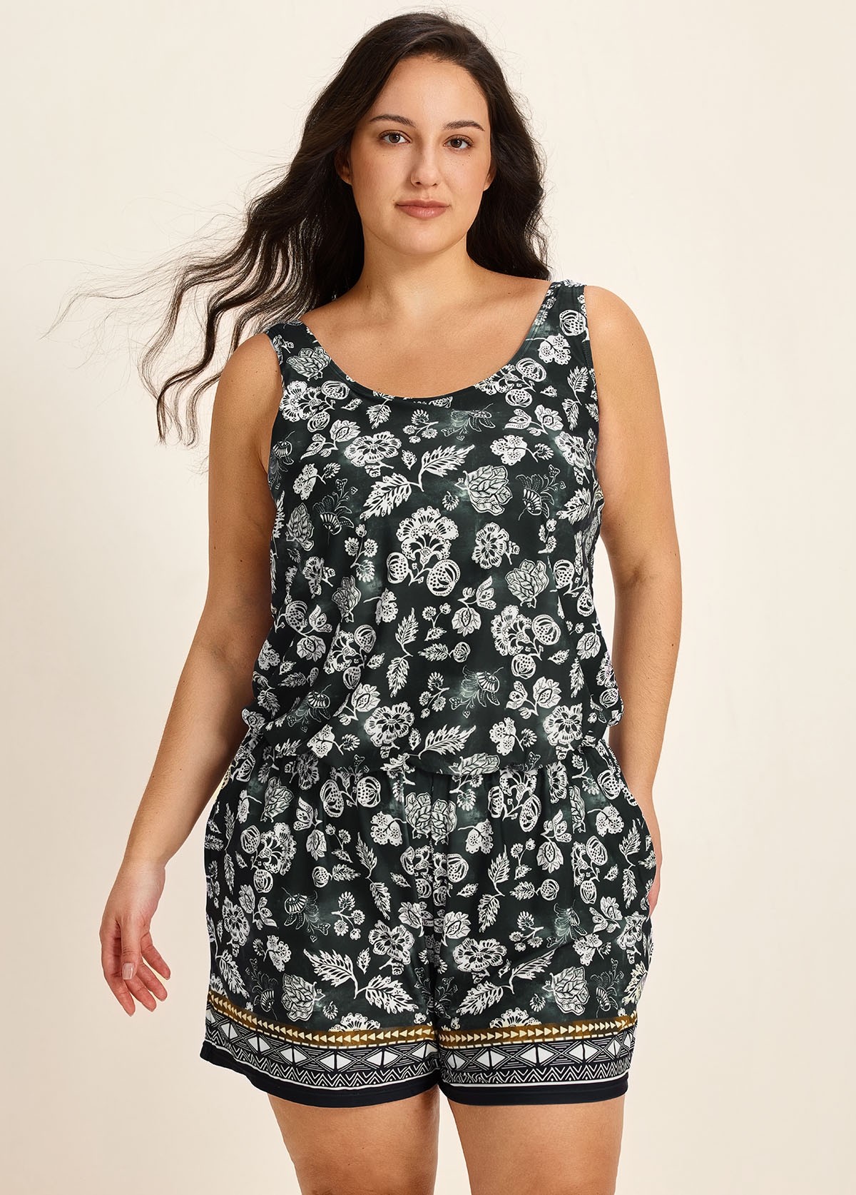 Black Vintage Floral Vintage Wide Straps Pocket Plus Size Swimsuit One Piece Swim Romper