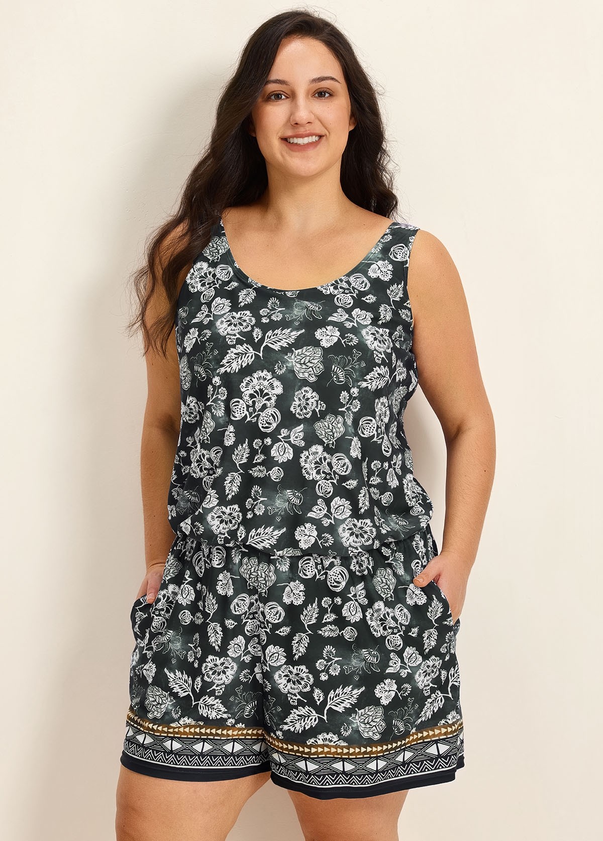 Black Vintage Floral Vintage Wide Straps Pocket Plus Size Swimsuit One Piece Swim Romper