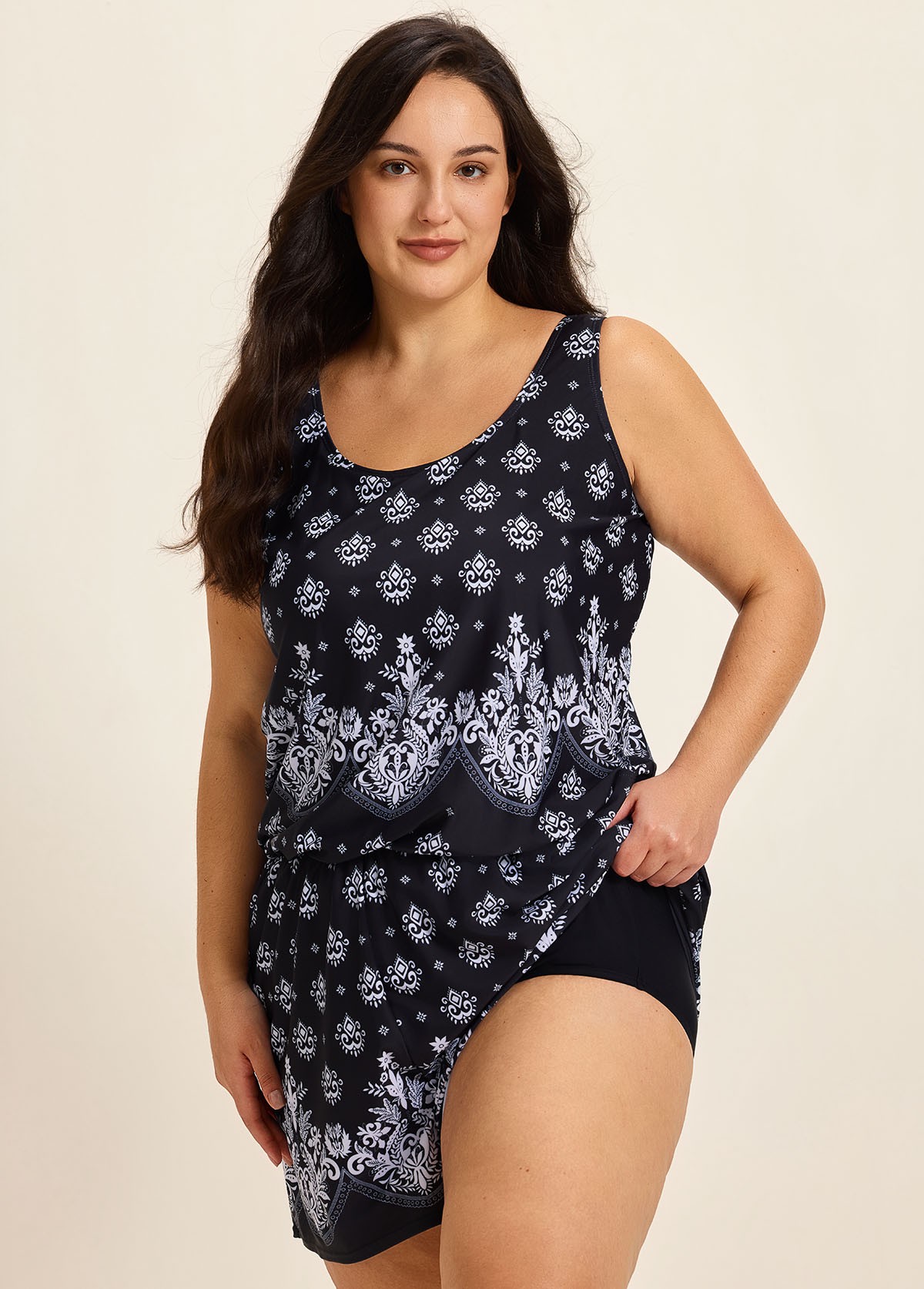 Baroque Pattern Print Vintage Wide Straps Pocket Curvy Swimsuit One Piece Swim Romper