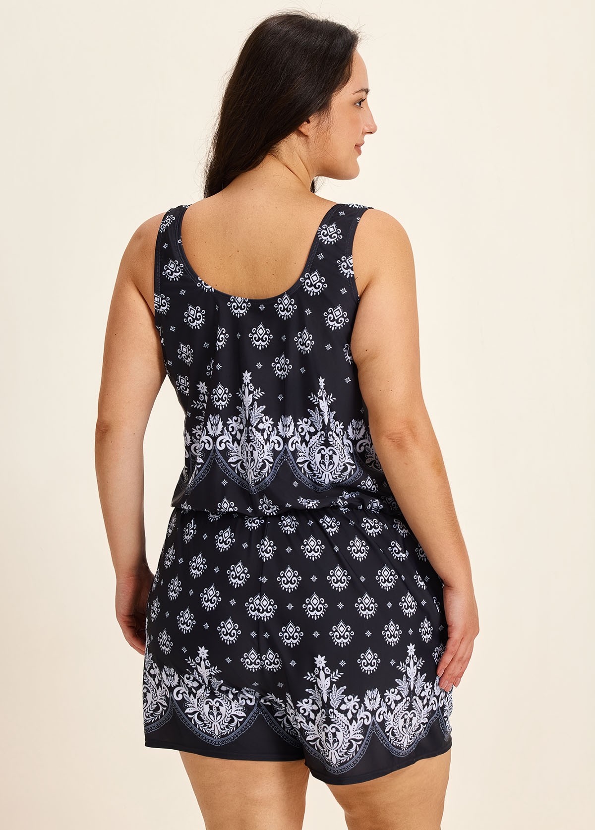 Baroque Pattern Print Vintage Wide Straps Pocket Curvy Swimsuit One Piece Swim Romper