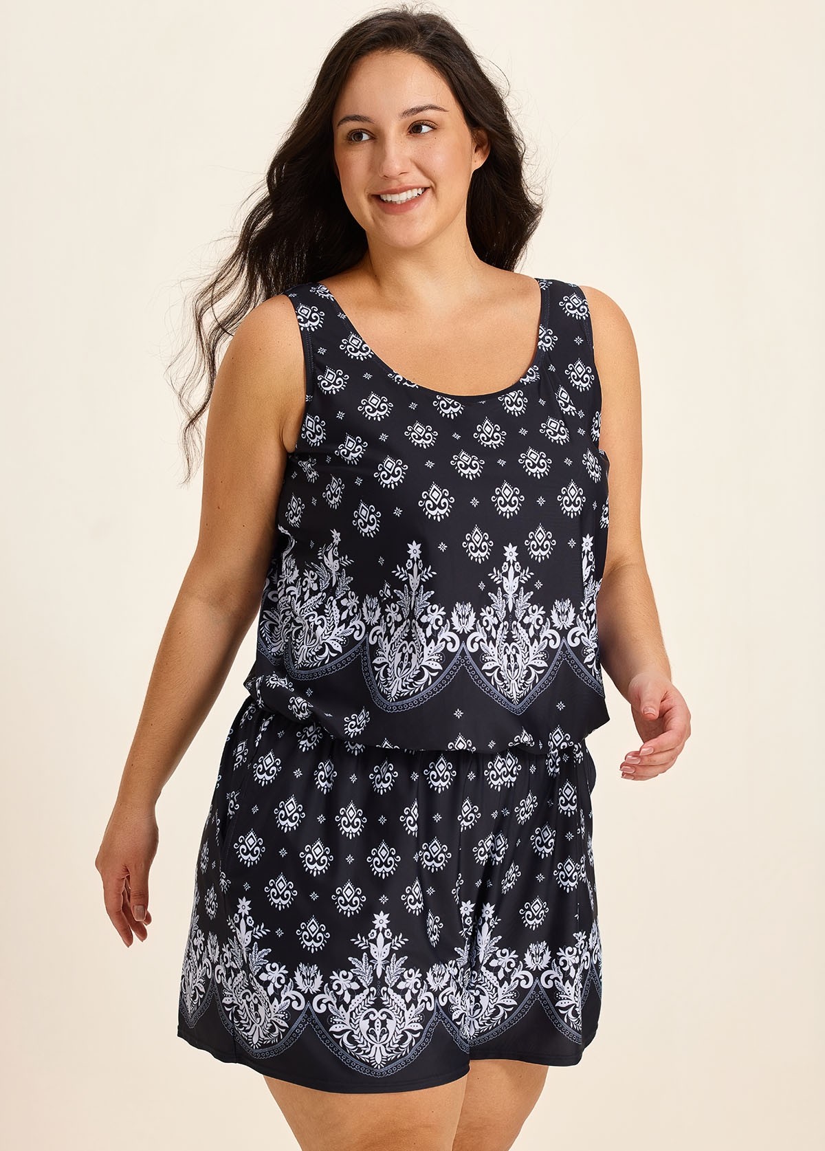 Baroque Pattern Print Vintage Wide Straps Pocket Curvy Swimsuit One Piece Swim Romper