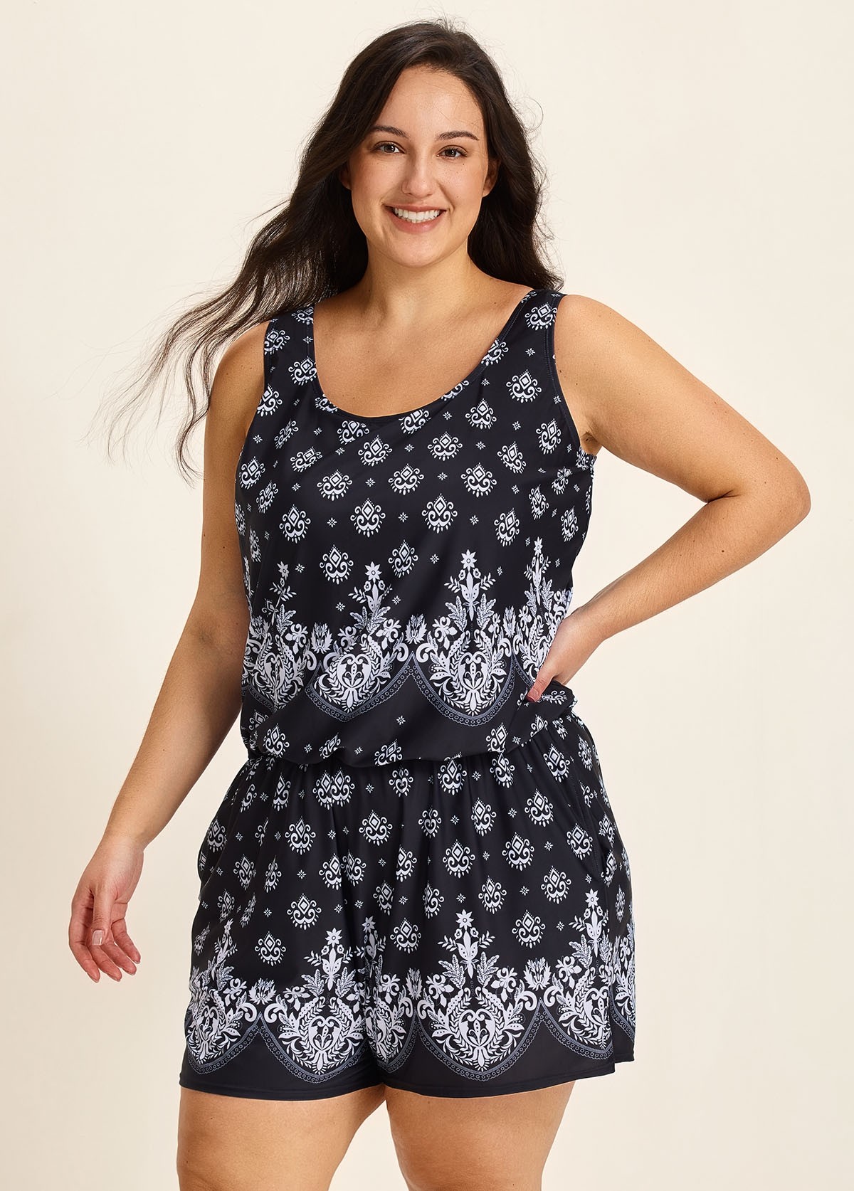 Baroque Pattern Print Vintage Wide Straps Pocket Curvy Swimsuit One Piece Swim Romper