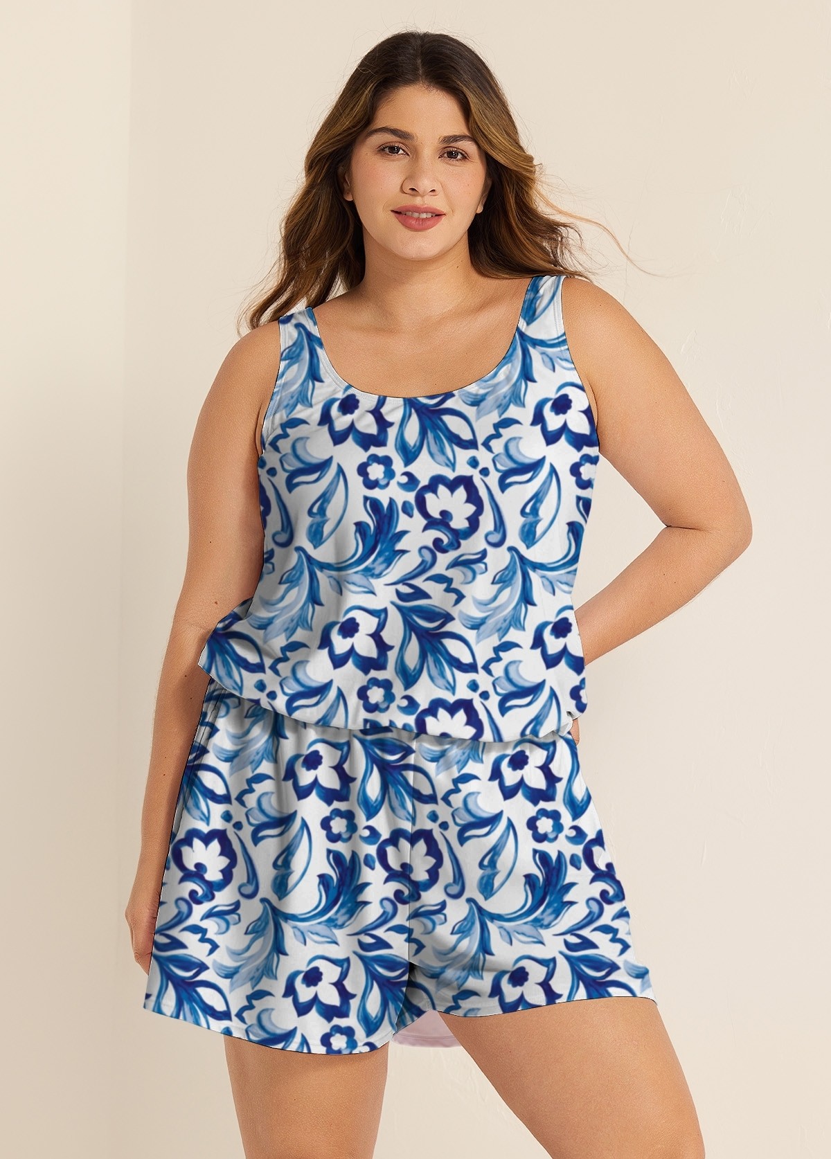 Curvy Blue And White Floral Vintage Wide Straps Pocket Swimsuit One Piece Swim Romper