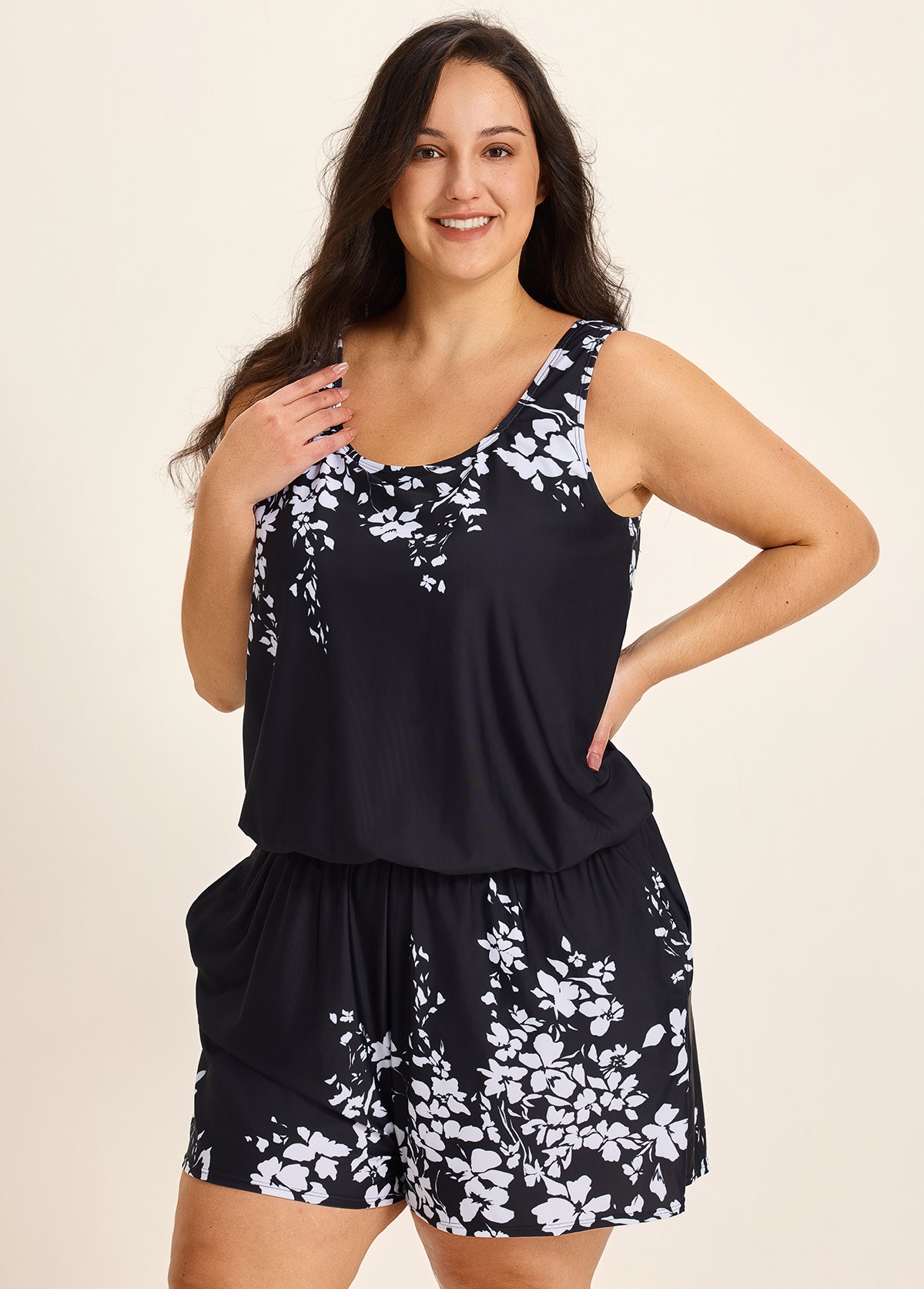 Black Floral Built In Bra Wide Straps Pocket Curvy Women's Swimsuit One Piece Swim Romper