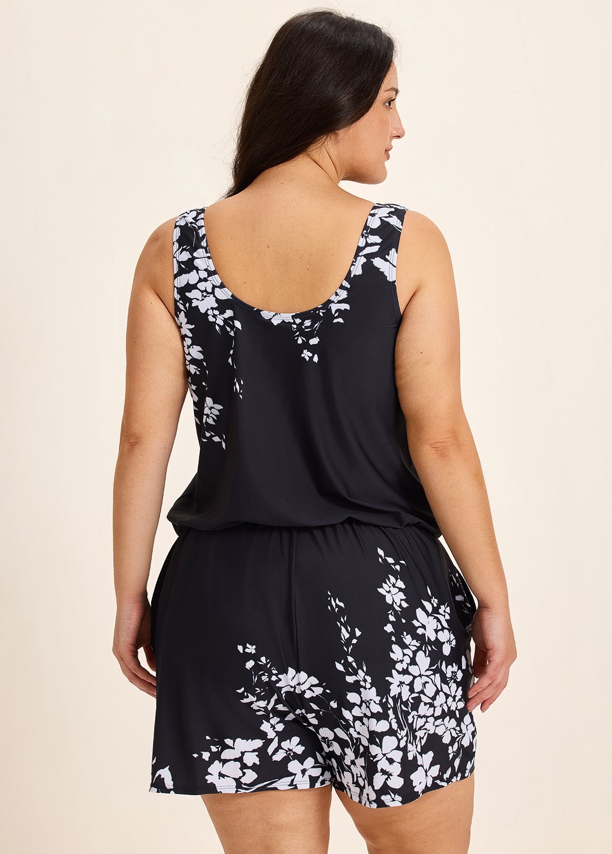 Black Floral Built In Bra Wide Straps Pocket Curvy Women's Swimsuit One Piece Swim Romper