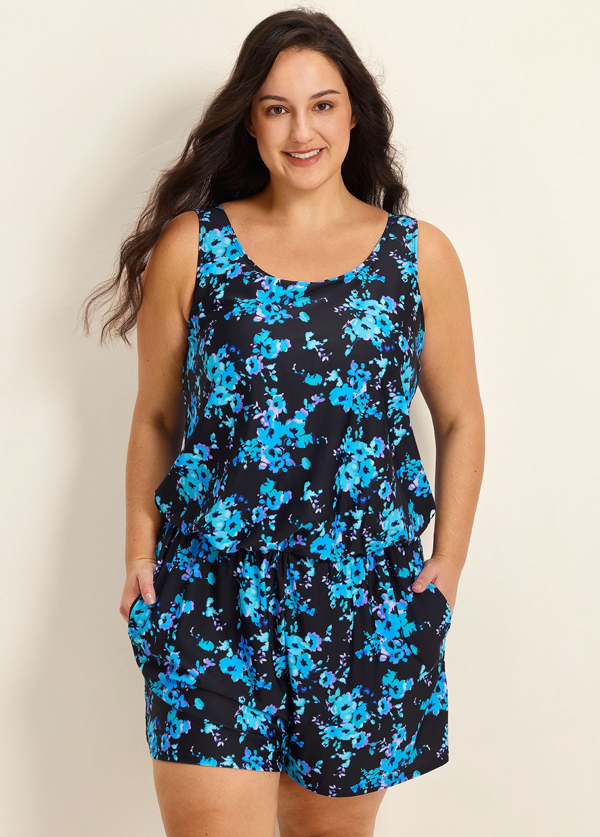 Plus Size Blue Floral Vintage Wide Straps Pocket Women's Swimsuit One Piece Swim Romper