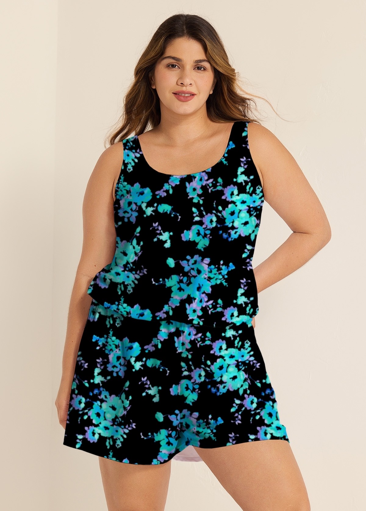 Plus Size Blue Floral Vintage Wide Straps Pocket Women's Swimsuit One Piece Swim Romper