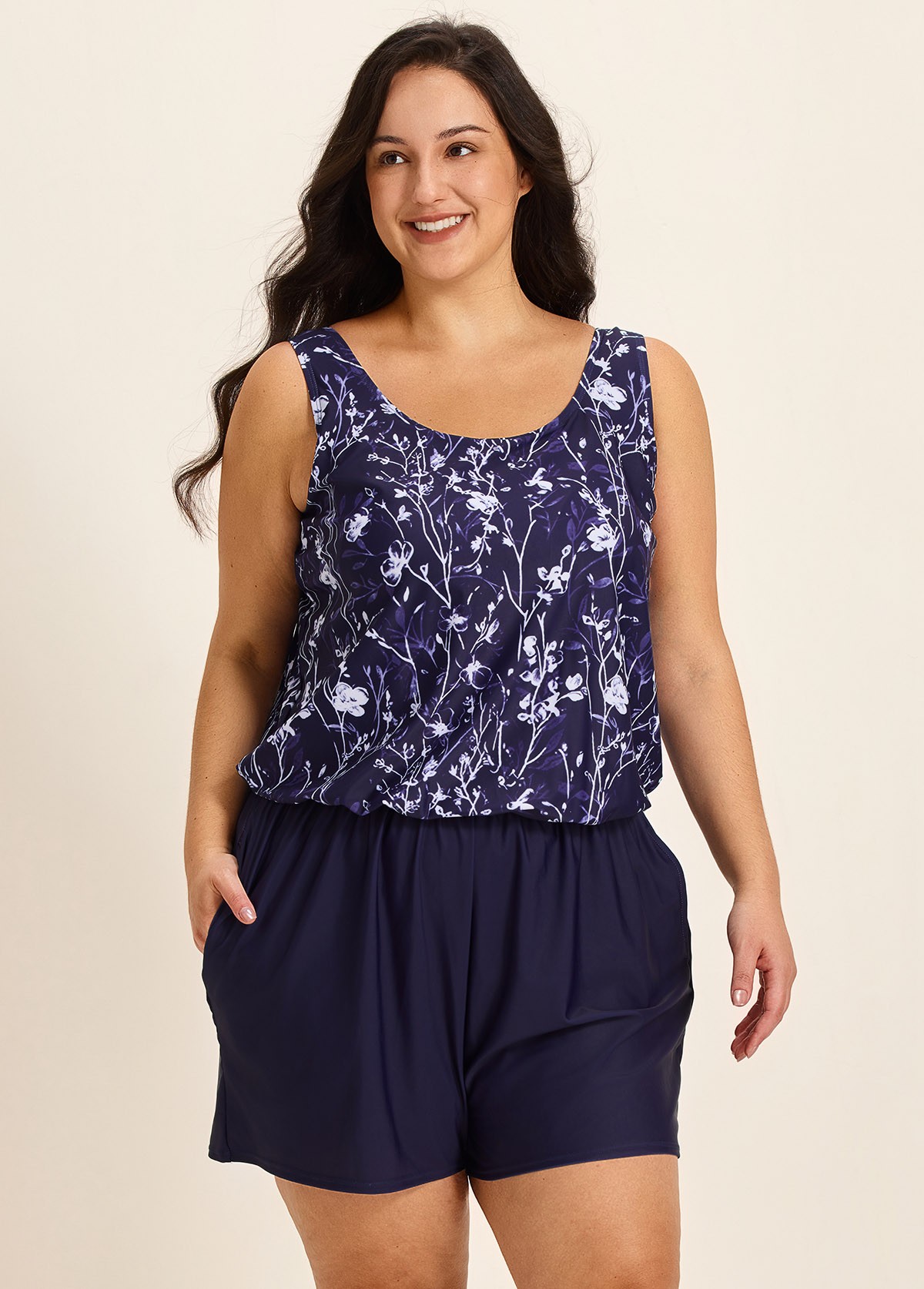 Curvy Purple Floral Modest Wide Straps Pocket Women's Swimsuit One Piece Swim Romper