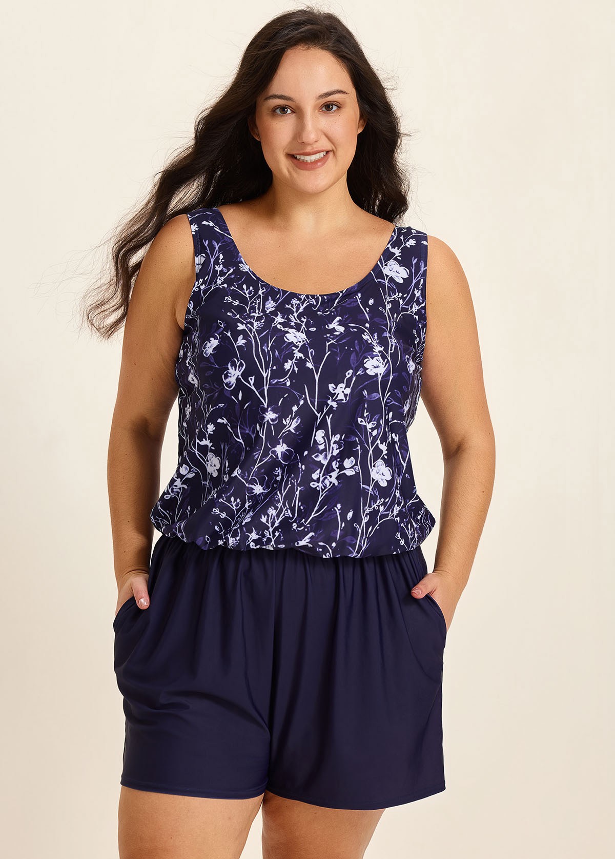 Curvy Purple Floral Modest Wide Straps Pocket Women's Swimsuit One Piece Swim Romper