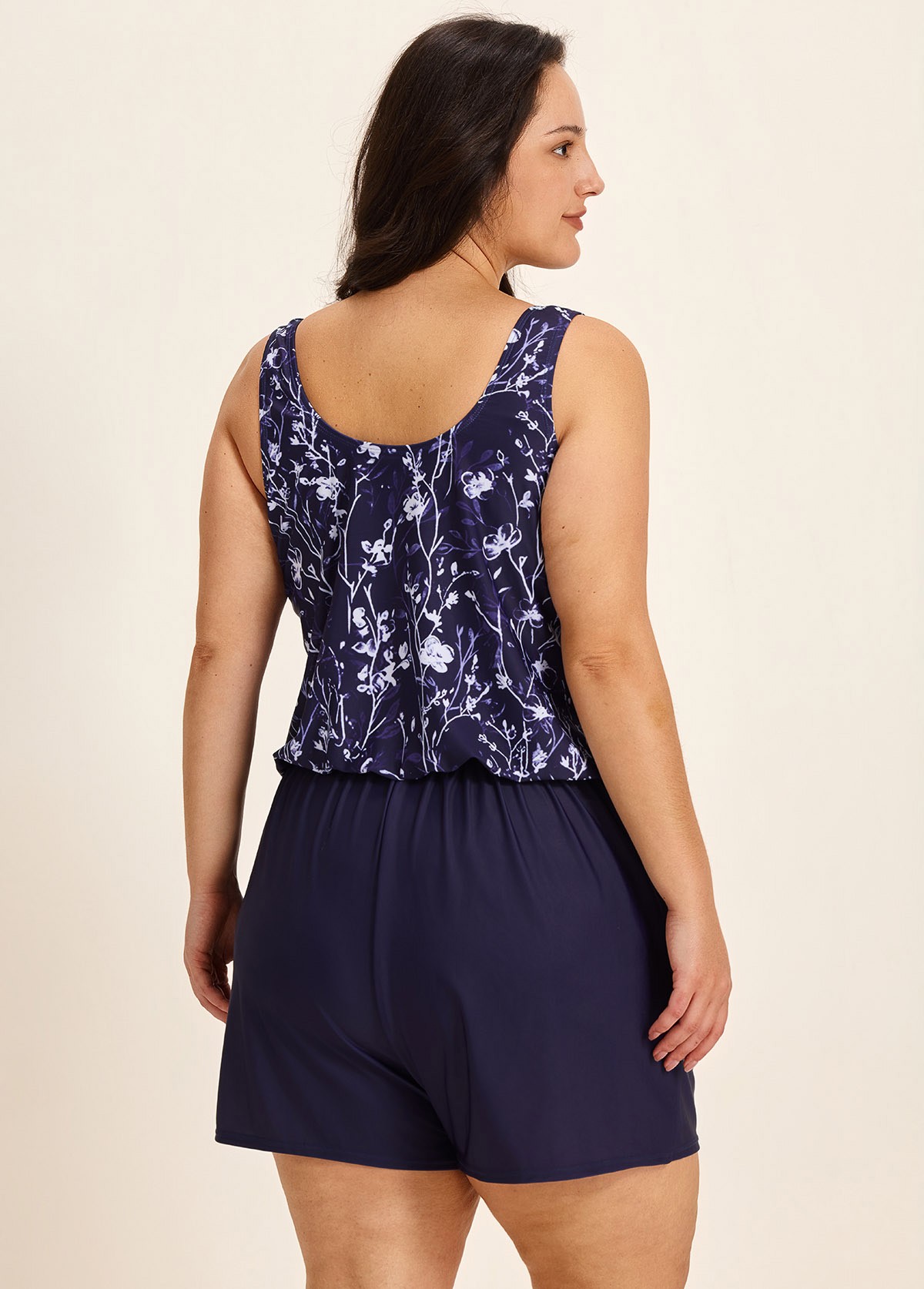 Curvy Purple Floral Modest Wide Straps Pocket Women's Swimsuit One Piece Swim Romper