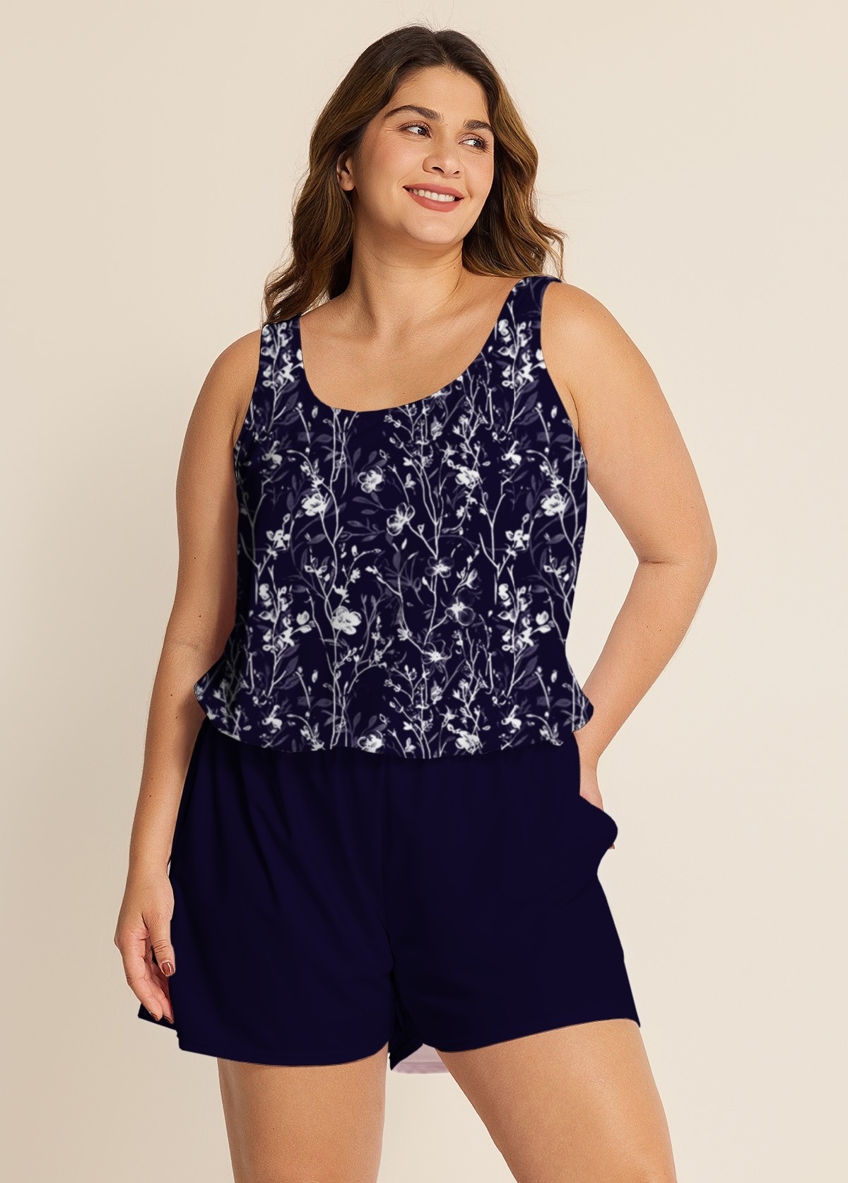 Curvy Purple Floral Modest Wide Straps Pocket Women's Swimsuit One Piece Swim Romper