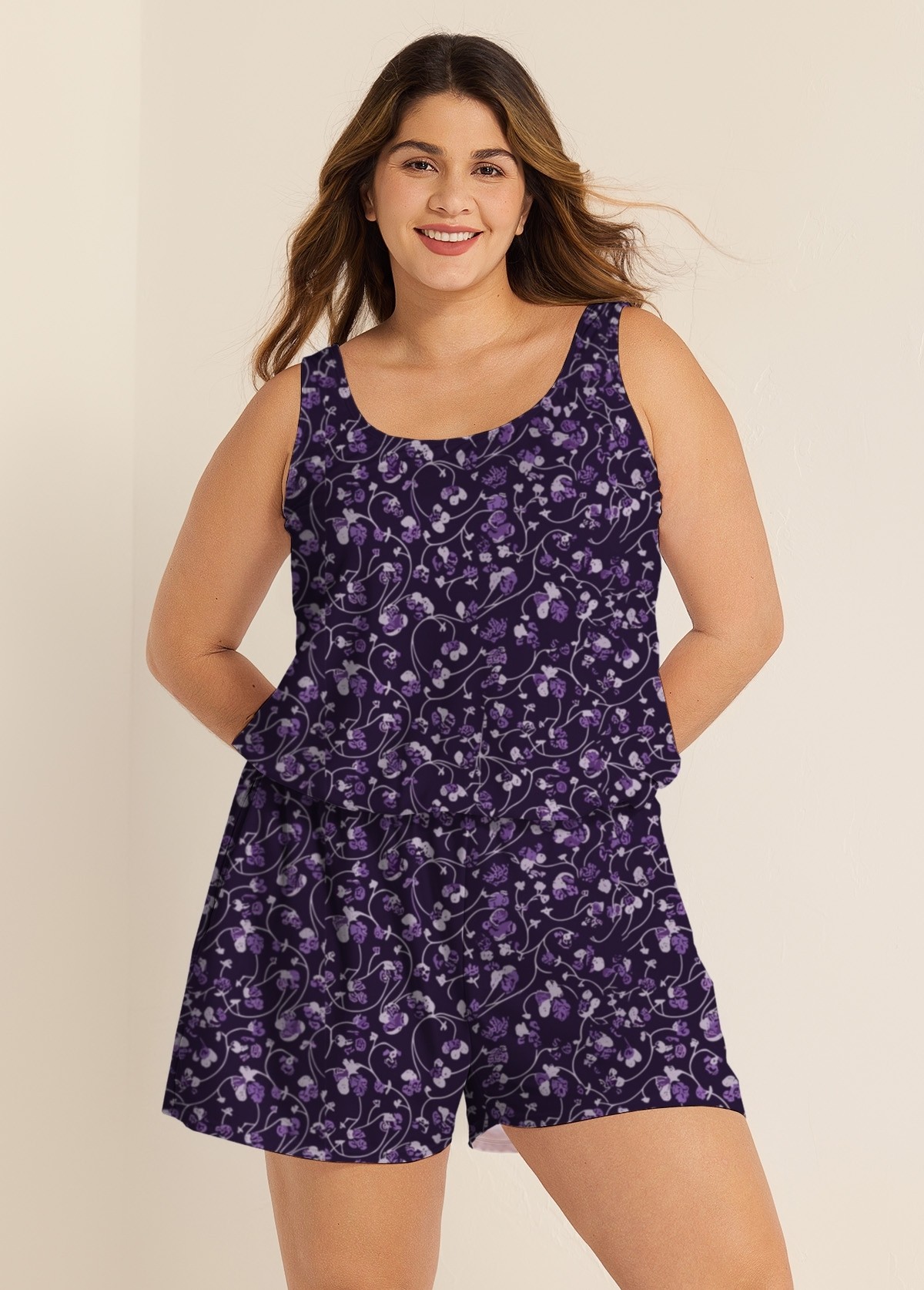 Purple Floral Modest Wide Straps Pocket Plus Size Women's Swimsuit One Piece Swim Romper