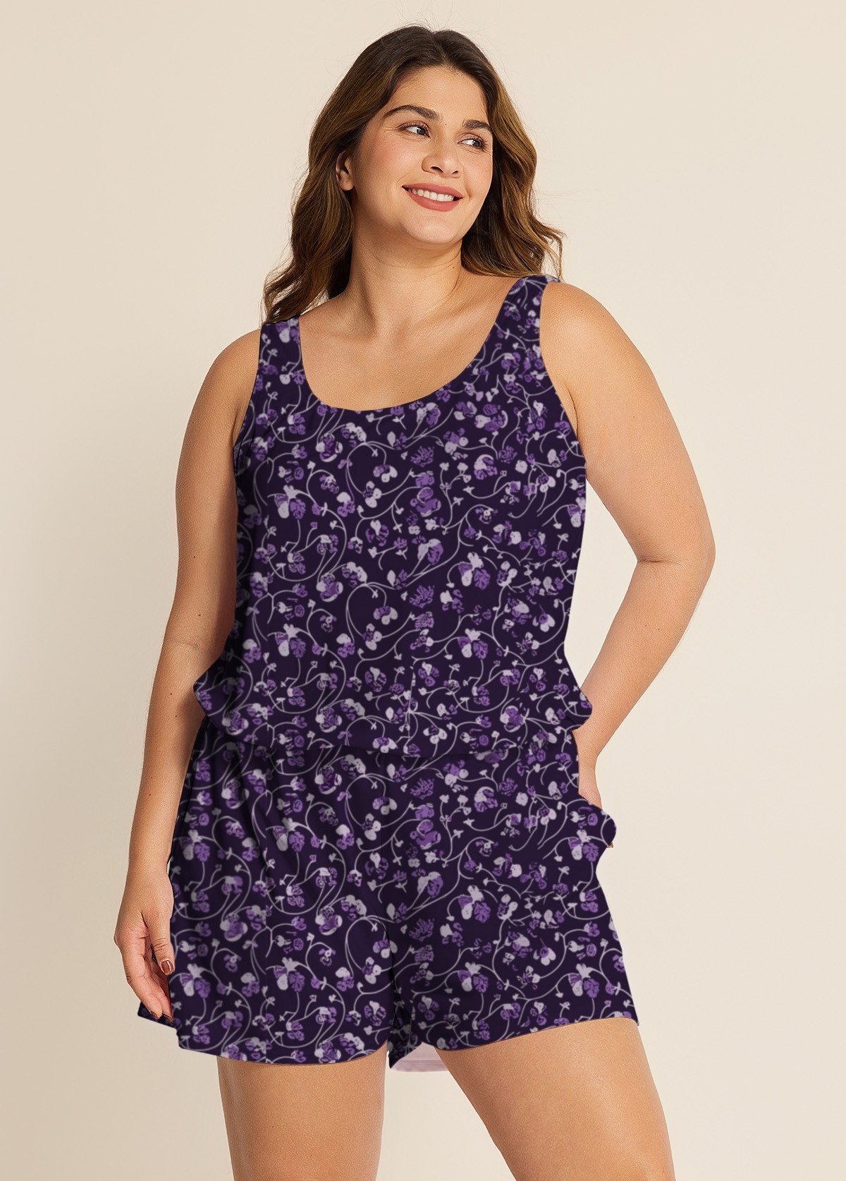 Purple Floral Modest Wide Straps Pocket Plus Size Women's Swimsuit One Piece Swim Romper