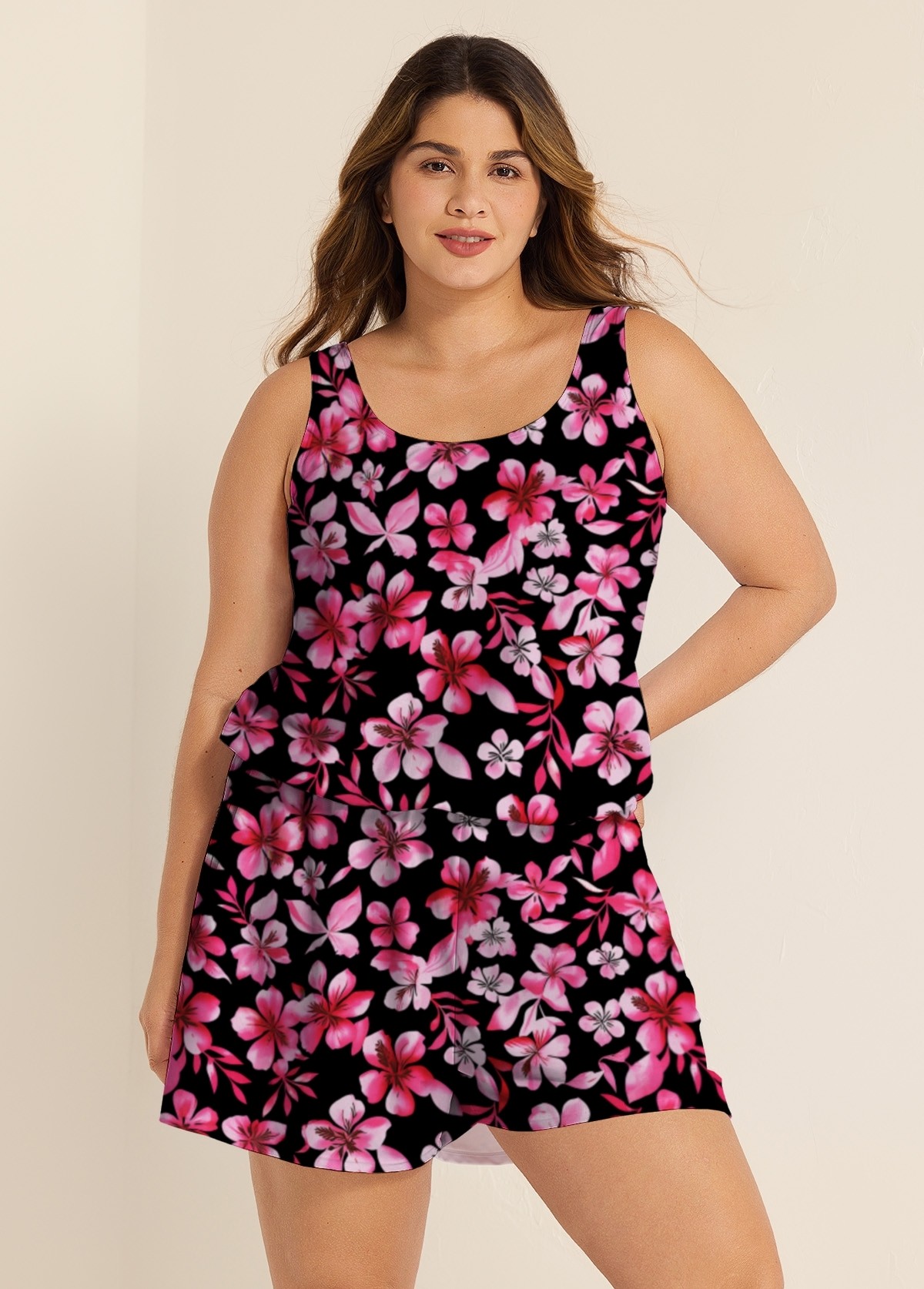 Plus Size Pink Floral Modest Wide Straps Pocket Women's Swimsuit One Piece Swim Romper