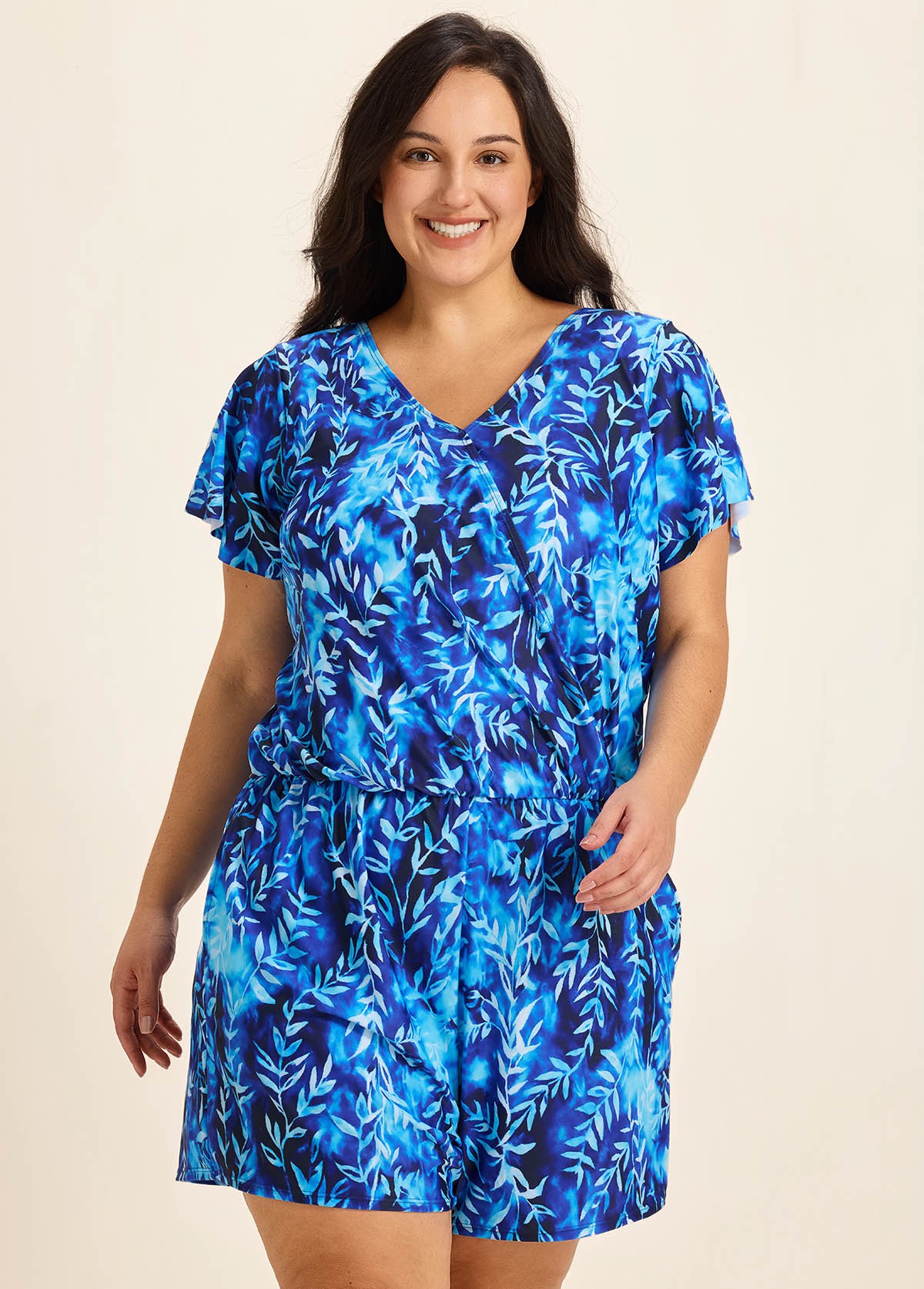 Blue Leaf V Neck Upf50+ Short Sleeves Vintage Pocket Curvy Swimsuit One Piece Swim Romper