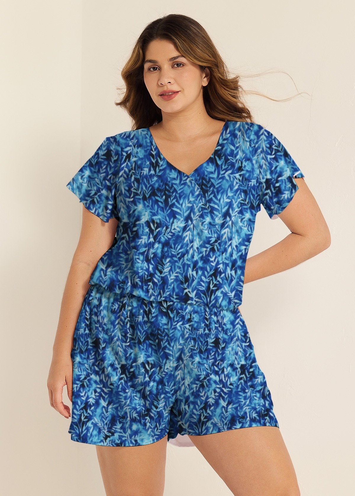 Blue Leaf V Neck Upf50+ Short Sleeves Vintage Pocket Curvy Swimsuit One Piece Swim Romper