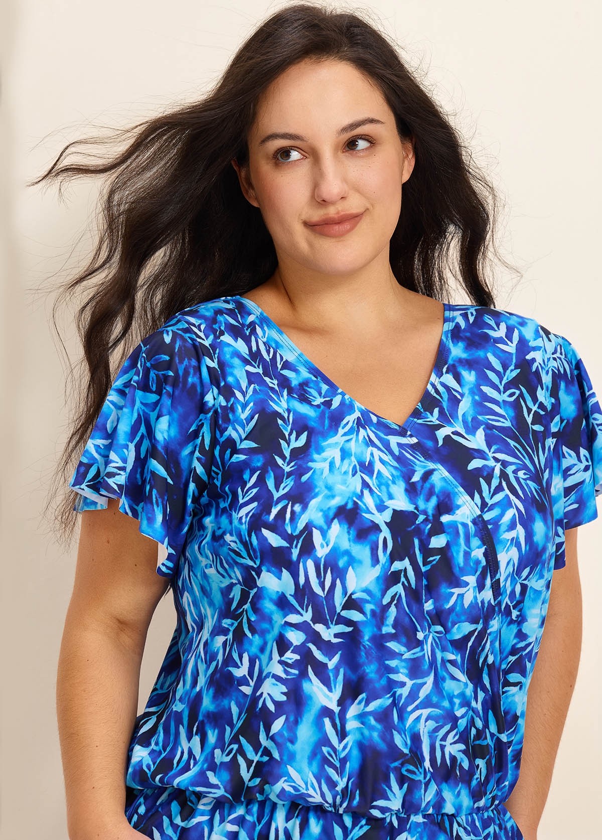 Blue Leaf V Neck Upf50+ Short Sleeves Vintage Pocket Curvy Swimsuit One Piece Swim Romper