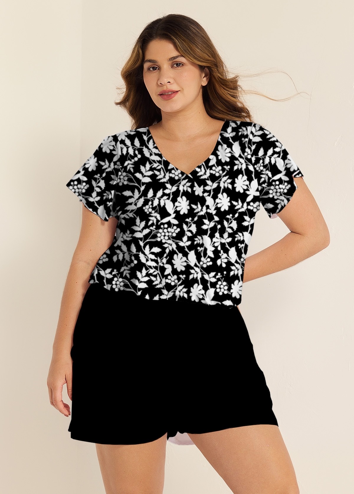 Plus Size Black Floral Upf50+ Short Sleeves Modest Pocket Swimsuit One Piece Swim Romper