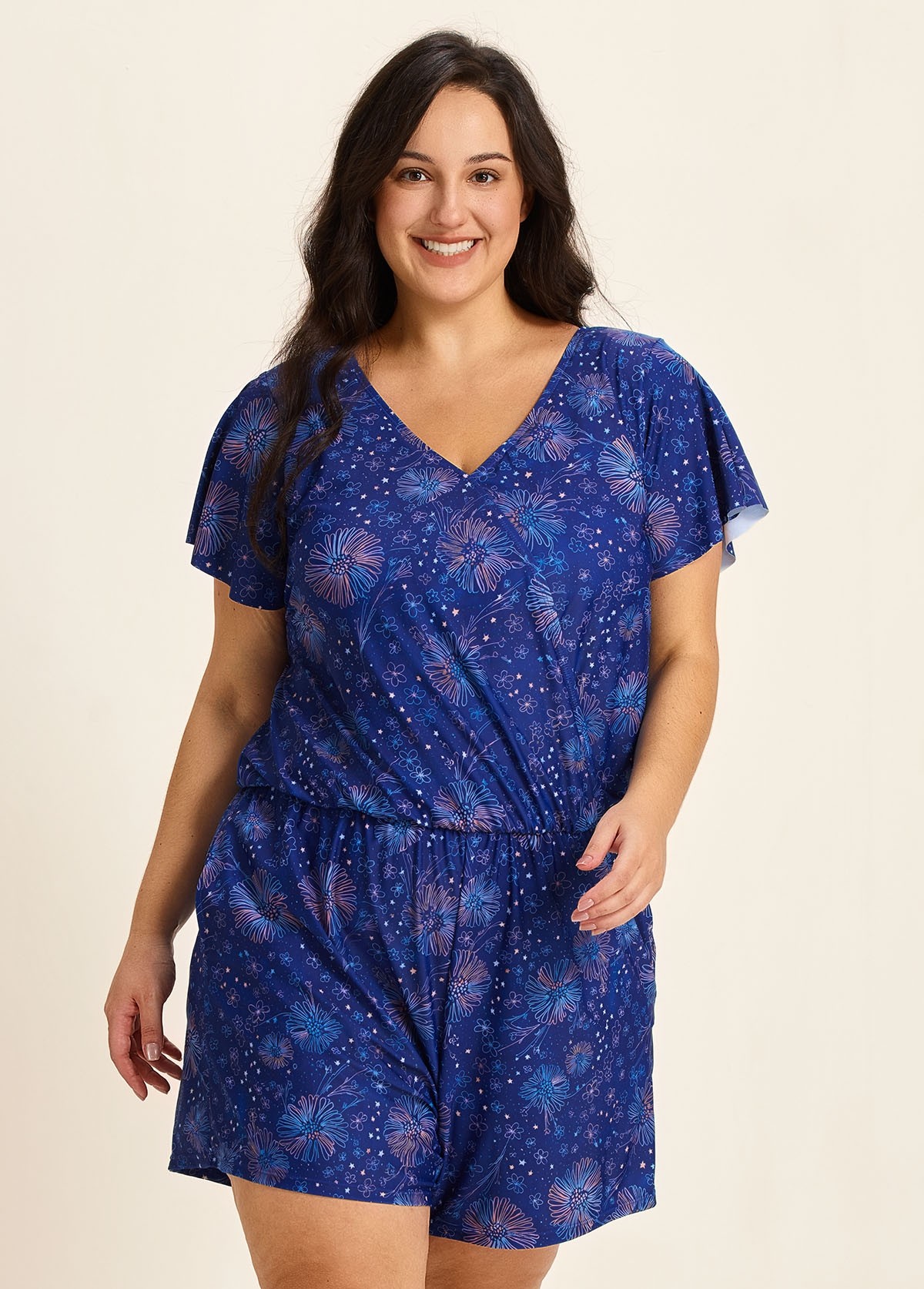 Curvy Navy Blue Floral Print Upf50+ Short Sleeves Pocket Swimsuit One Piece Swim Romper