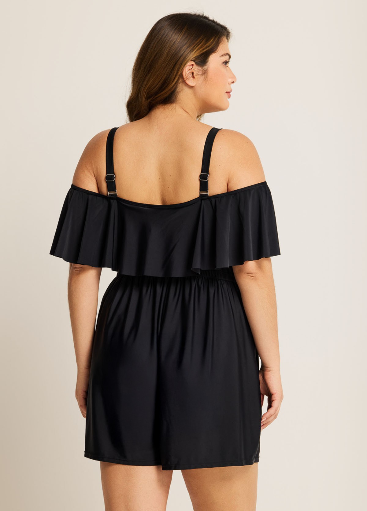 Plus Size Black Off The Shoulder Ruffles 1 Piece Bathing Suits Romper One Piece Swimsuit