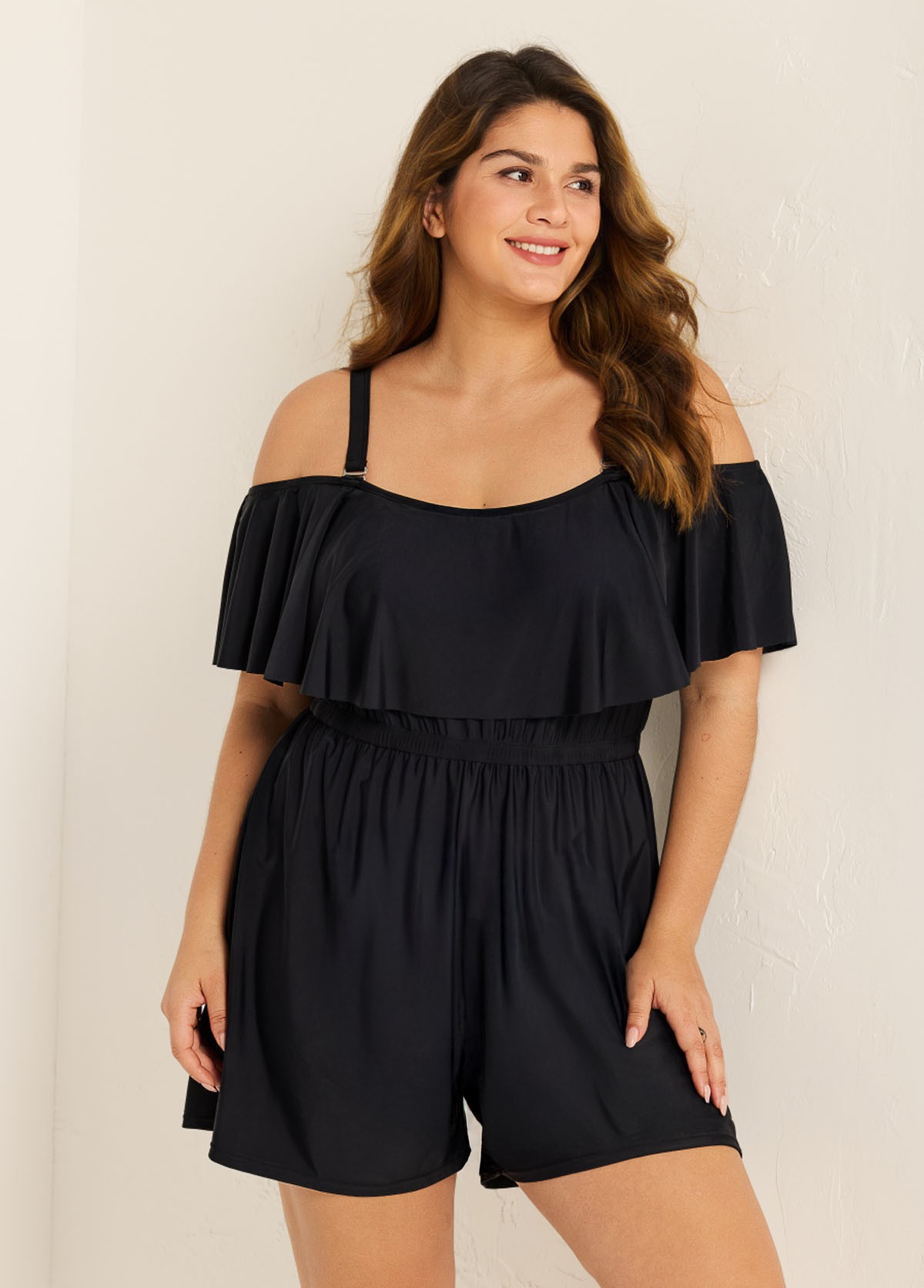 Plus Size Black Off The Shoulder Ruffles 1 Piece Bathing Suits Romper One Piece Swimsuit