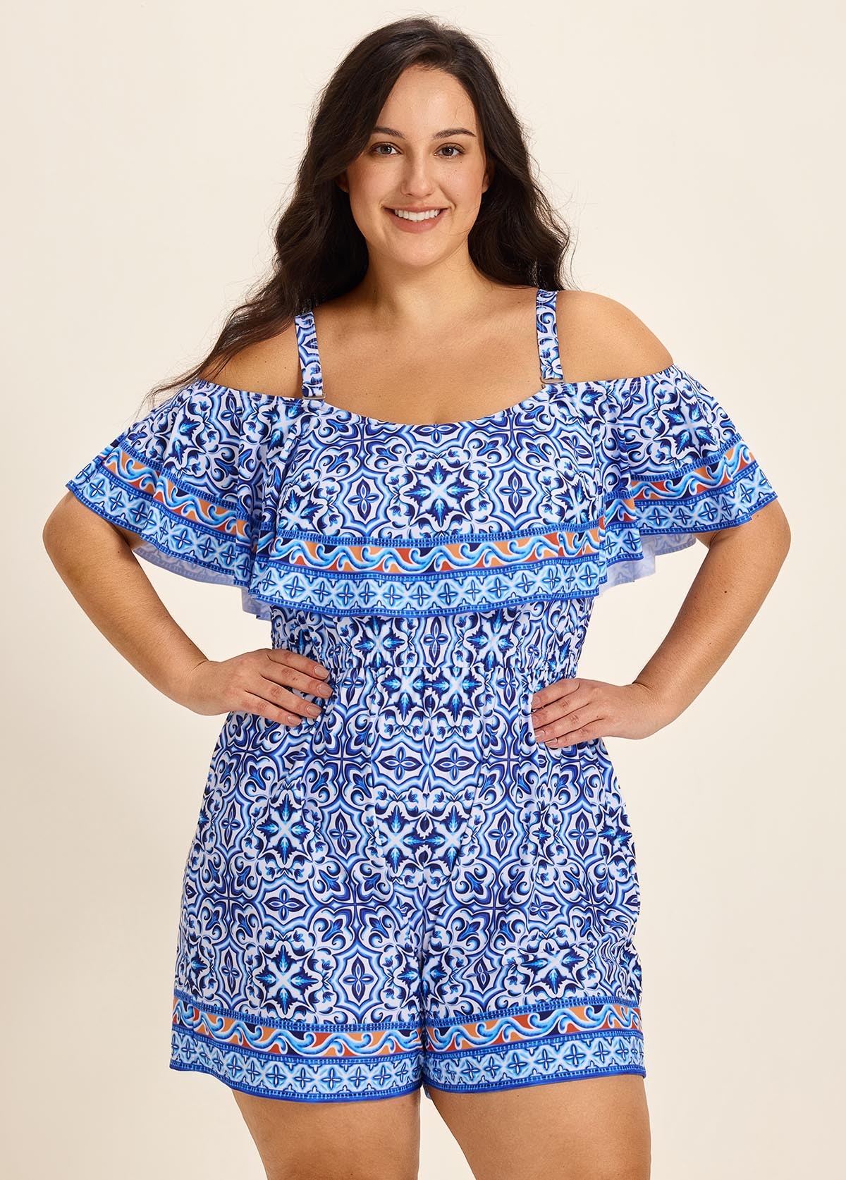 Curvy Blue Floral Print Off The Shoulder Flattering Ruffle Swimsuit One Piece Swim Romper