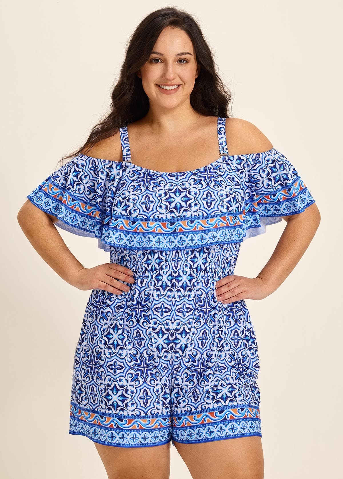Curvy Blue Floral Print Off The Shoulder Flattering Ruffle Swimsuit One Piece Swim Romper