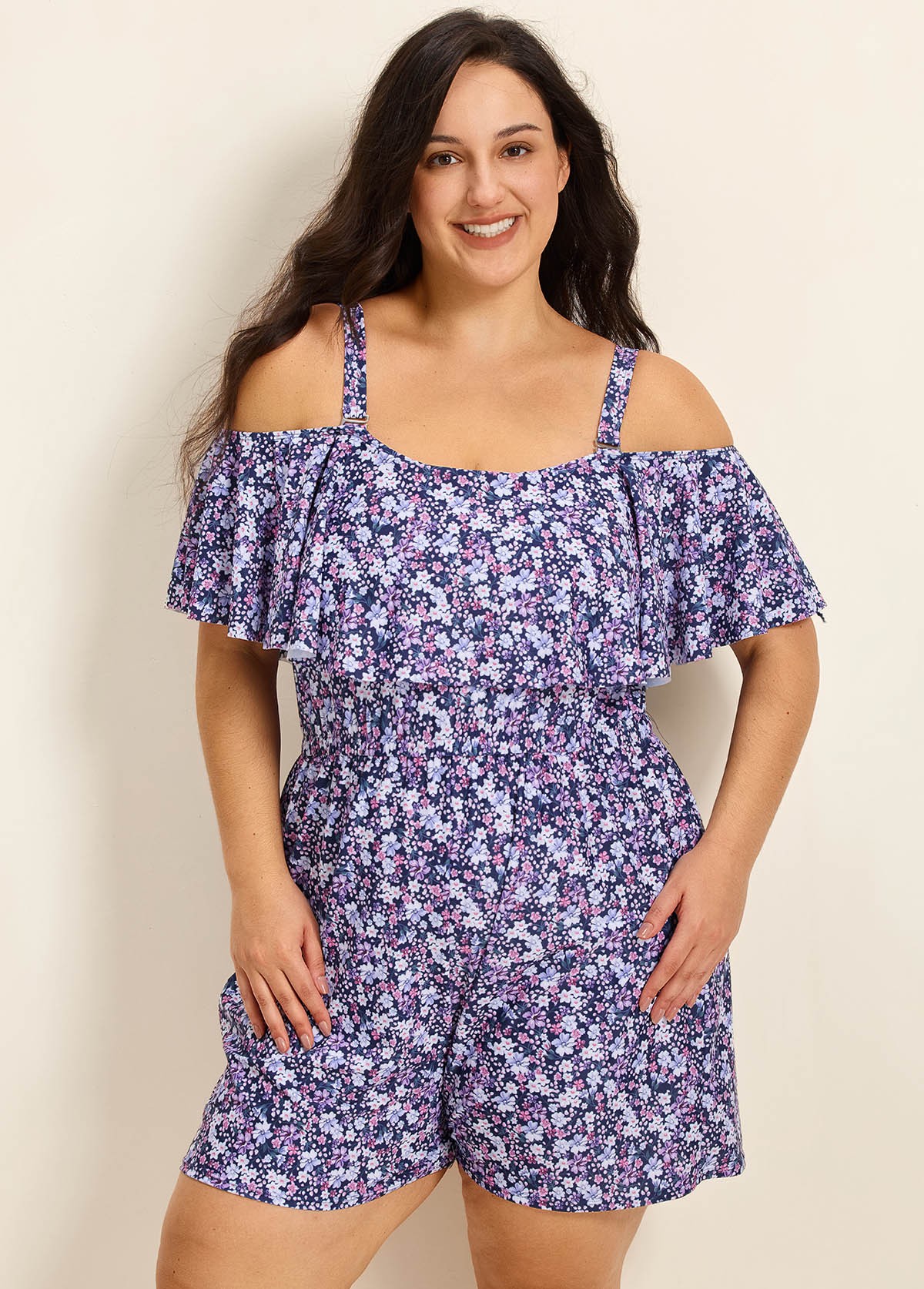 Purple Floral Print Flattering Off Shoulder Ruffled Plus Size Swimsuit One Piece Swim Romper