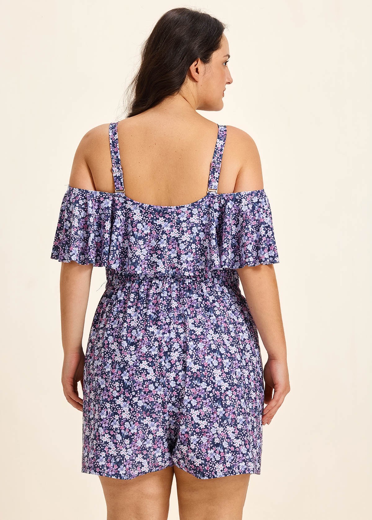 Purle Floral Print Flattering Off Shoulder Ruffled Plus Size Swimsuit One Piece Swim Romper