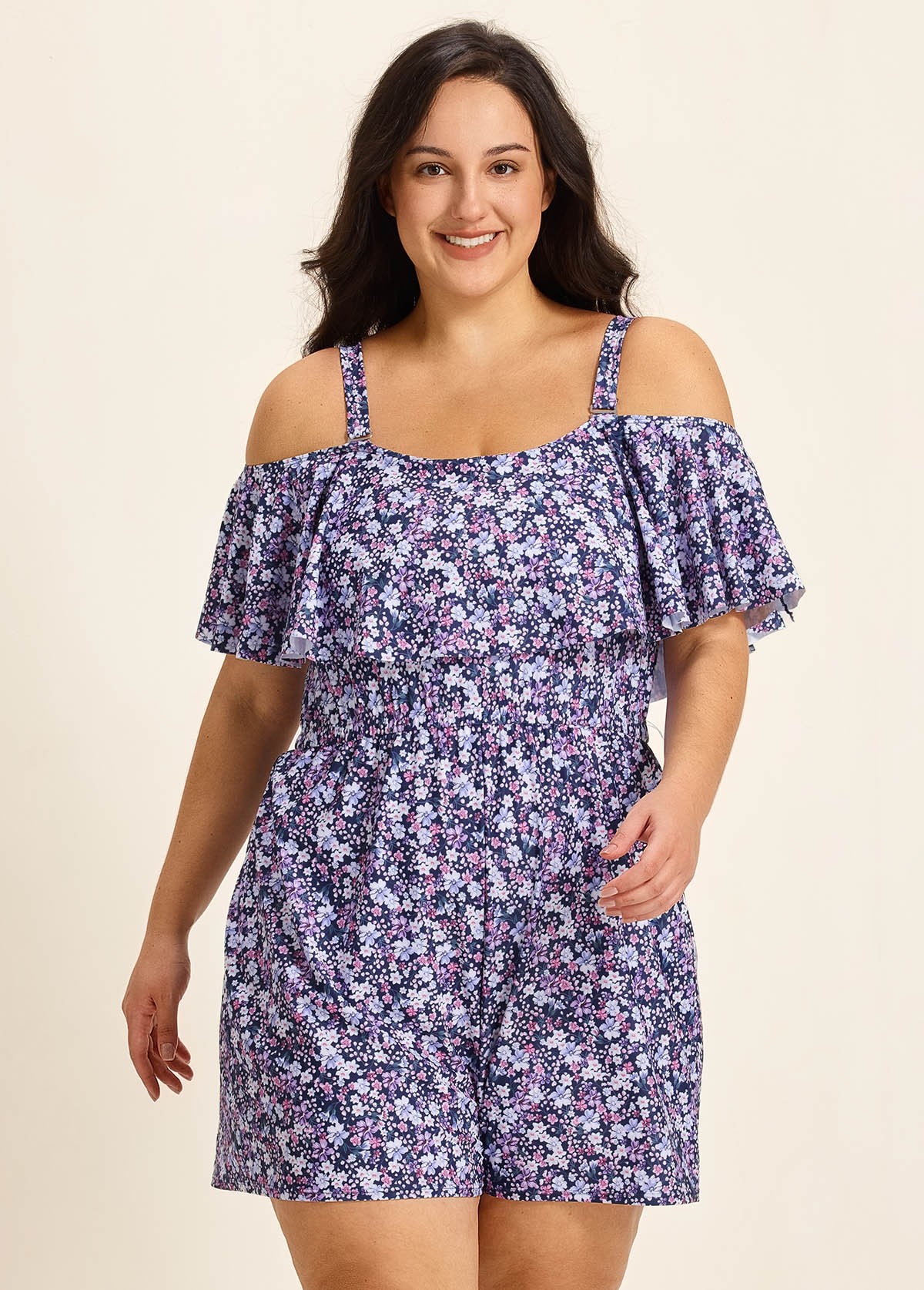 Purle Floral Print Flattering Off Shoulder Ruffled Plus Size Swimsuit One Piece Swim Romper
