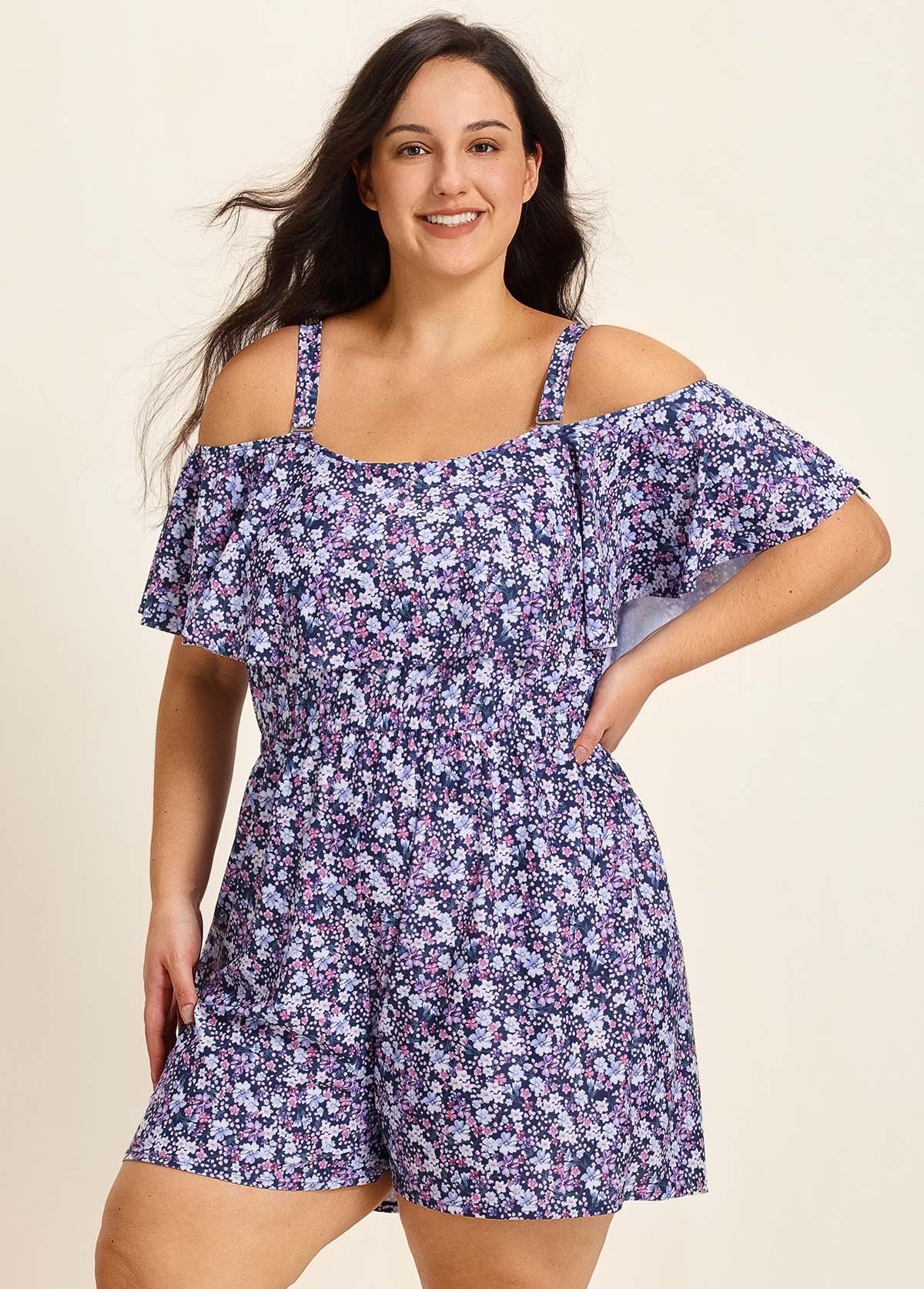 Purle Floral Print Flattering Off Shoulder Ruffled Plus Size Swimsuit One Piece Swim Romper