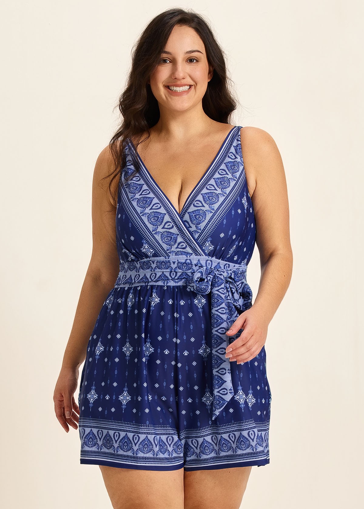 Navy Geometric Print V Neck Modest Wrap Pocket Plus Size Swimsuit One Piece Swim Romper