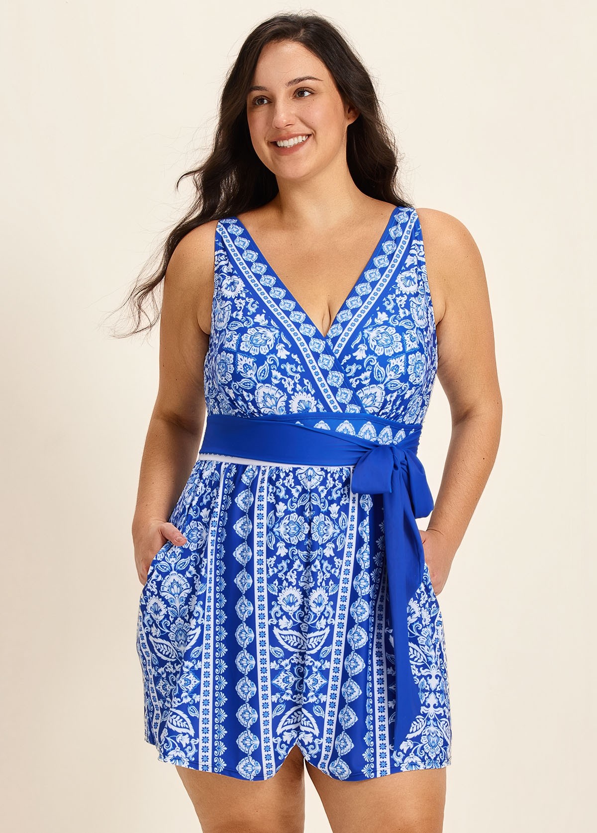 Blue And White Floral V Neck Modest Wrap Pocket Curvy Swimsuit One Piece Swim Romper