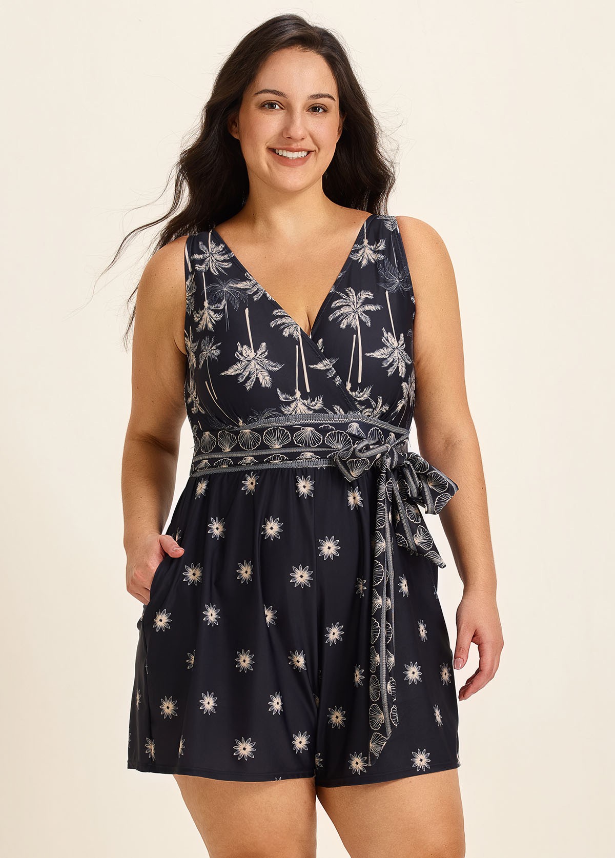 Curvy Black Palm Tree Print Flattering Wrap Pocket Curvy Swimsuit One Piece Swim Romper