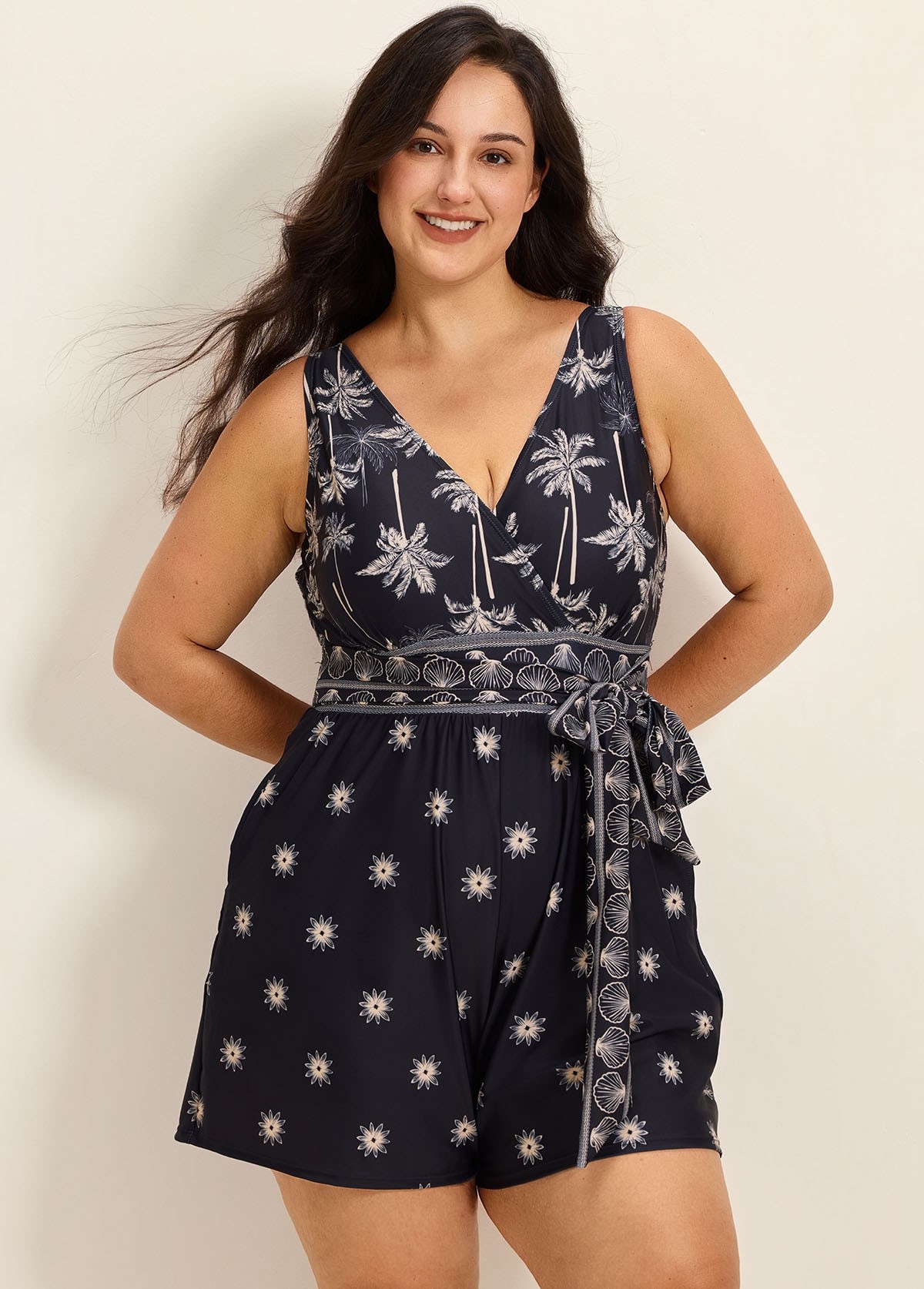Curvy Black Palm Tree Print Flattering Wrap Pocket Curvy Swimsuit One Piece Swim Romper