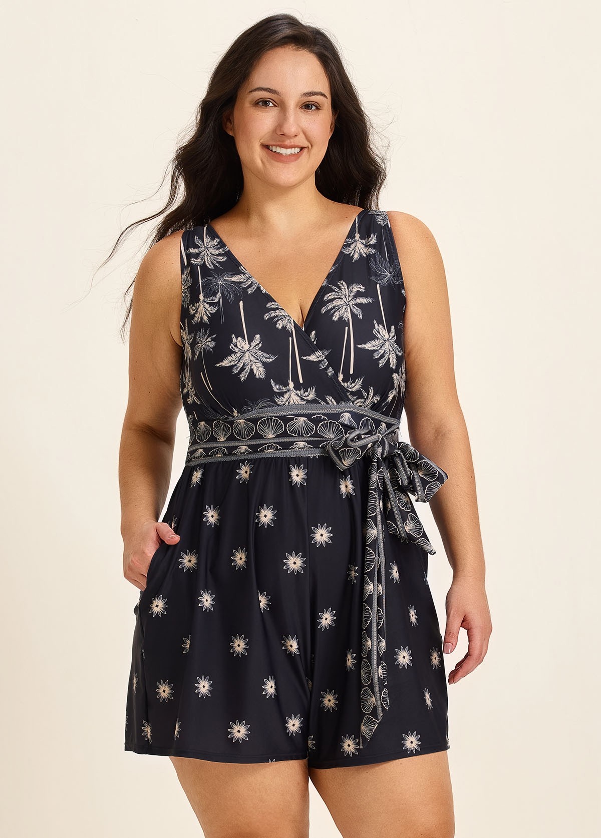 Curvy Black Palm Tree Print Flattering Wrap Pocket Curvy Swimsuit One Piece Swim Romper