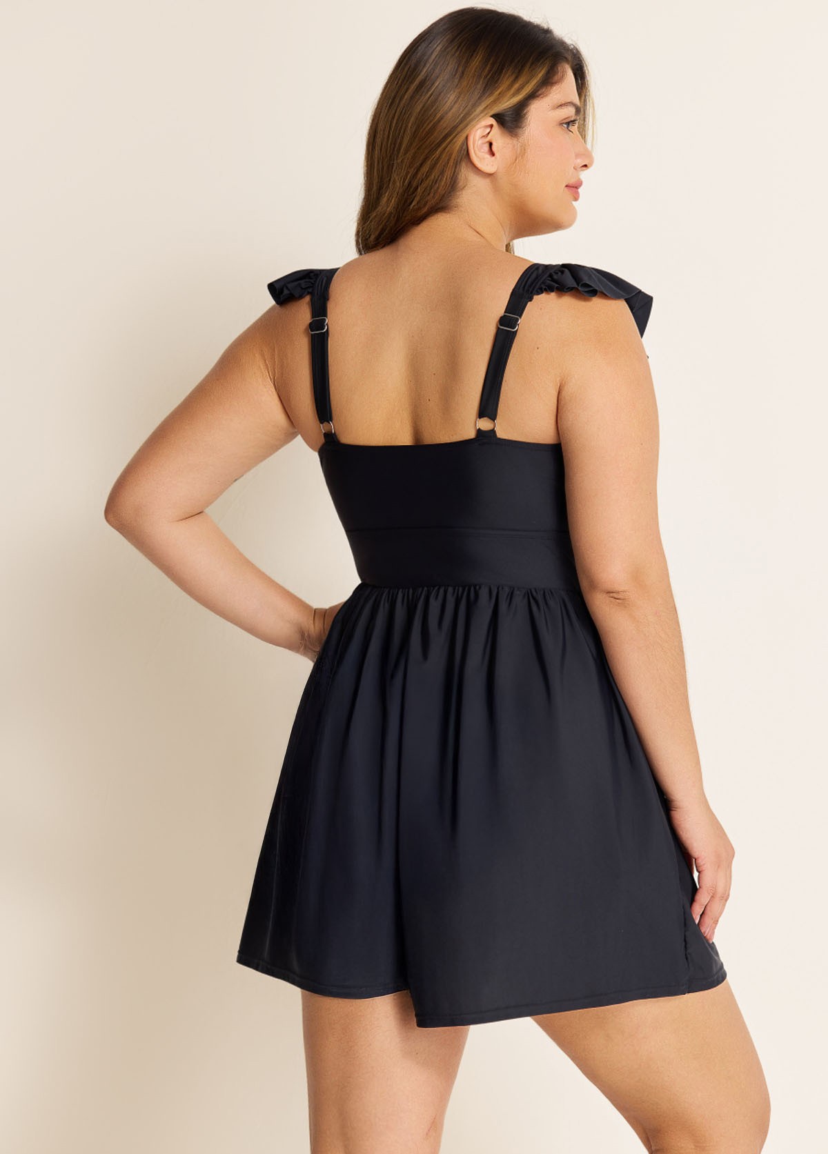 Plus Size Black Twisted Front Ruffled One Piece Swimsuit Swim Romper