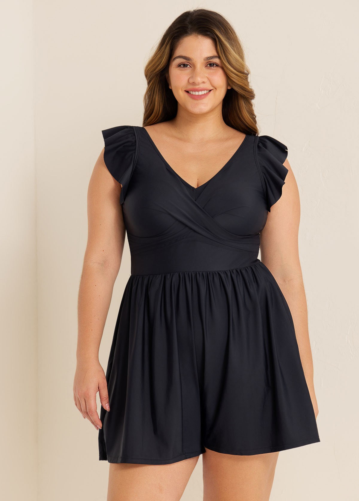 Plus Size Black Twisted Front Ruffled One Piece Swimsuit Swim Romper
