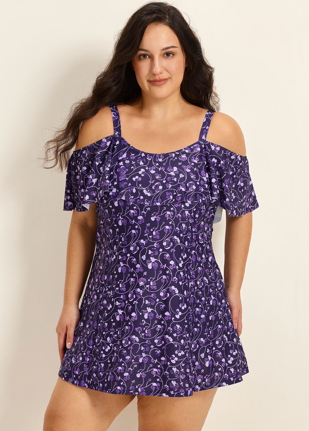 Purple Floral Off The Shoulder Flattering Plus Size Women's Swimsuit One Piece Swim Romper