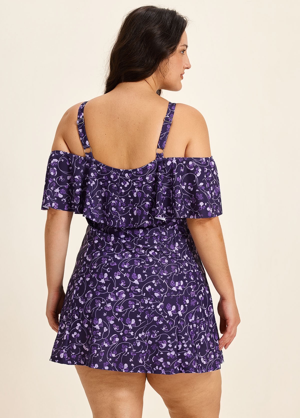 Purple Floral Off The Shoulder Flattering Plus Size Women's Swimsuit One Piece Swim Romper
