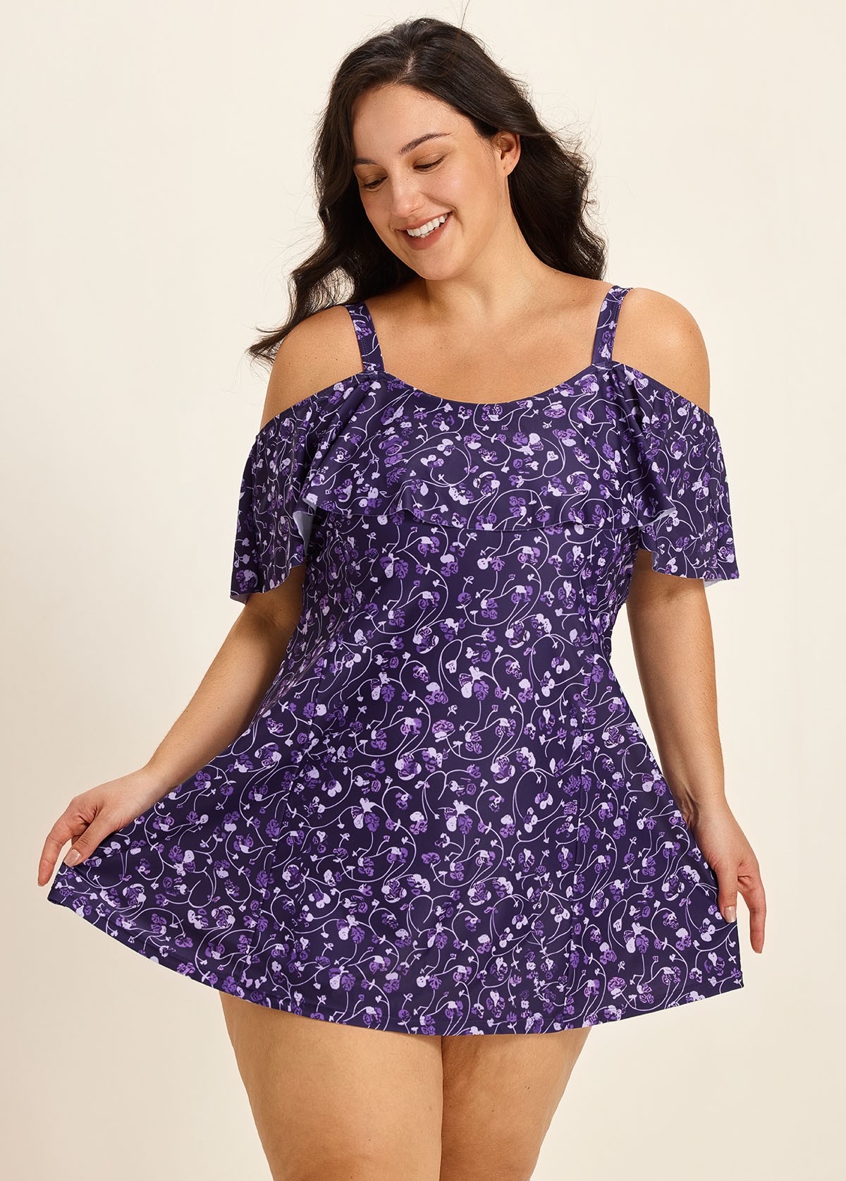 Purple Floral Off The Shoulder Flattering Plus Size Women's Swimsuit One Piece Swim Romper