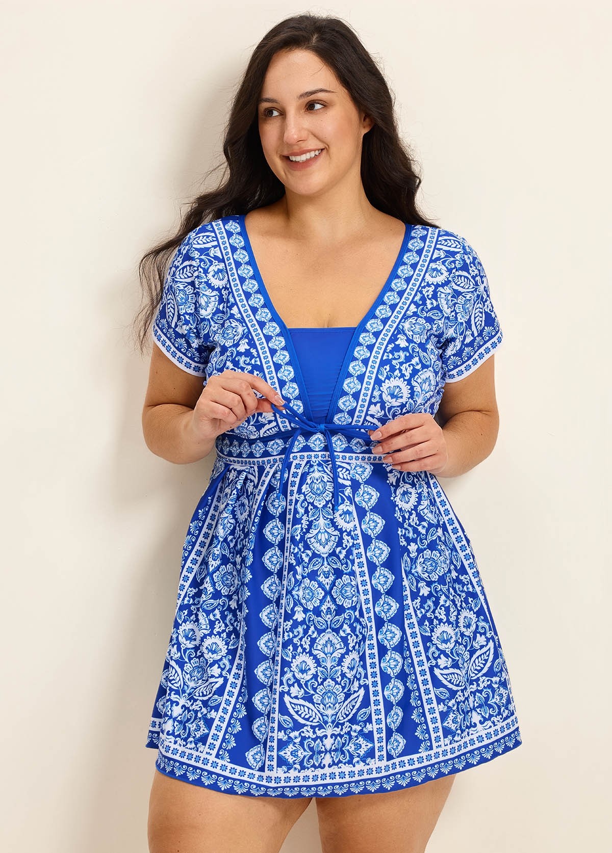 Curvy Blue And White Floral Short Sleeves Modest Padded Women's Swimsuit Swimdress Top