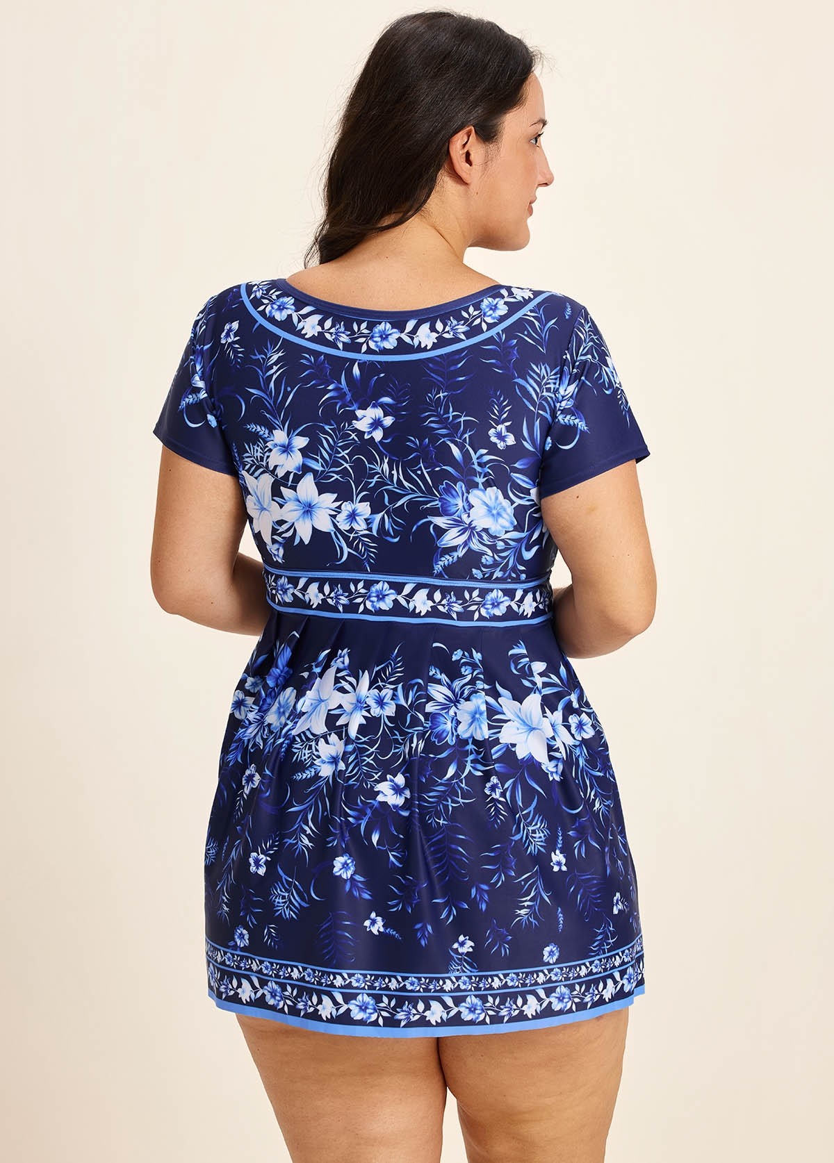 Blue Floral Short Sleeves Vintage Padded Plus Size Women's Swimsuit Swimdress Top