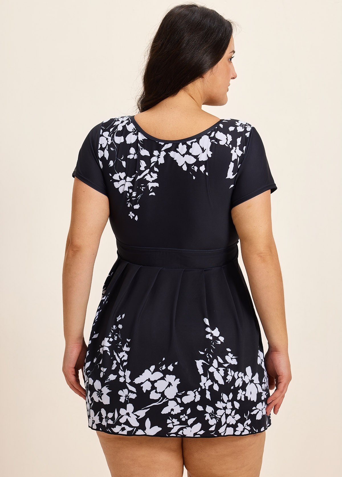 Black Floral Short Sleeves Modest Padded Curvy Women's Swimsuit Swimdress Top