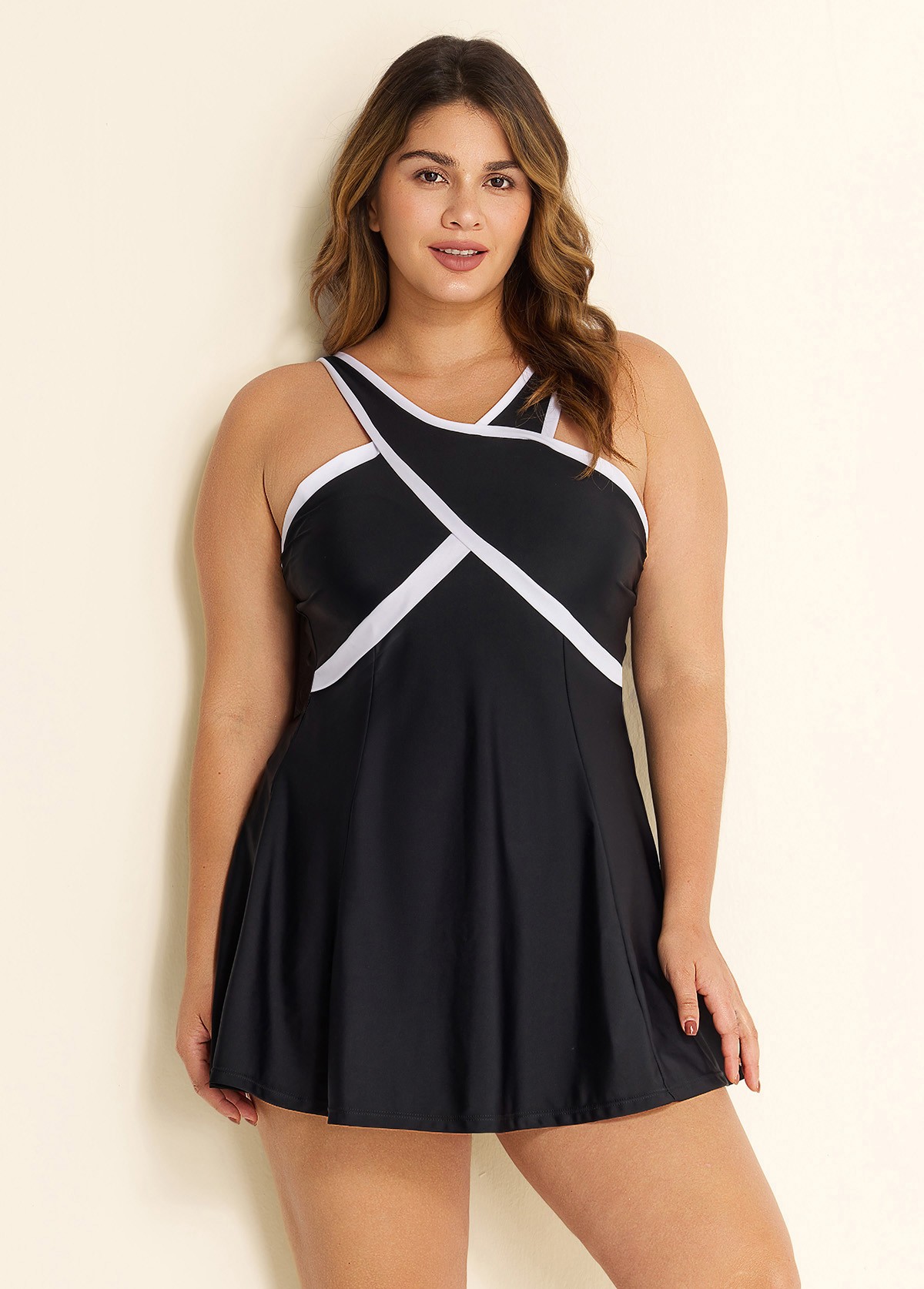 Black And White Cross Front High Neck One Piece Swimdress